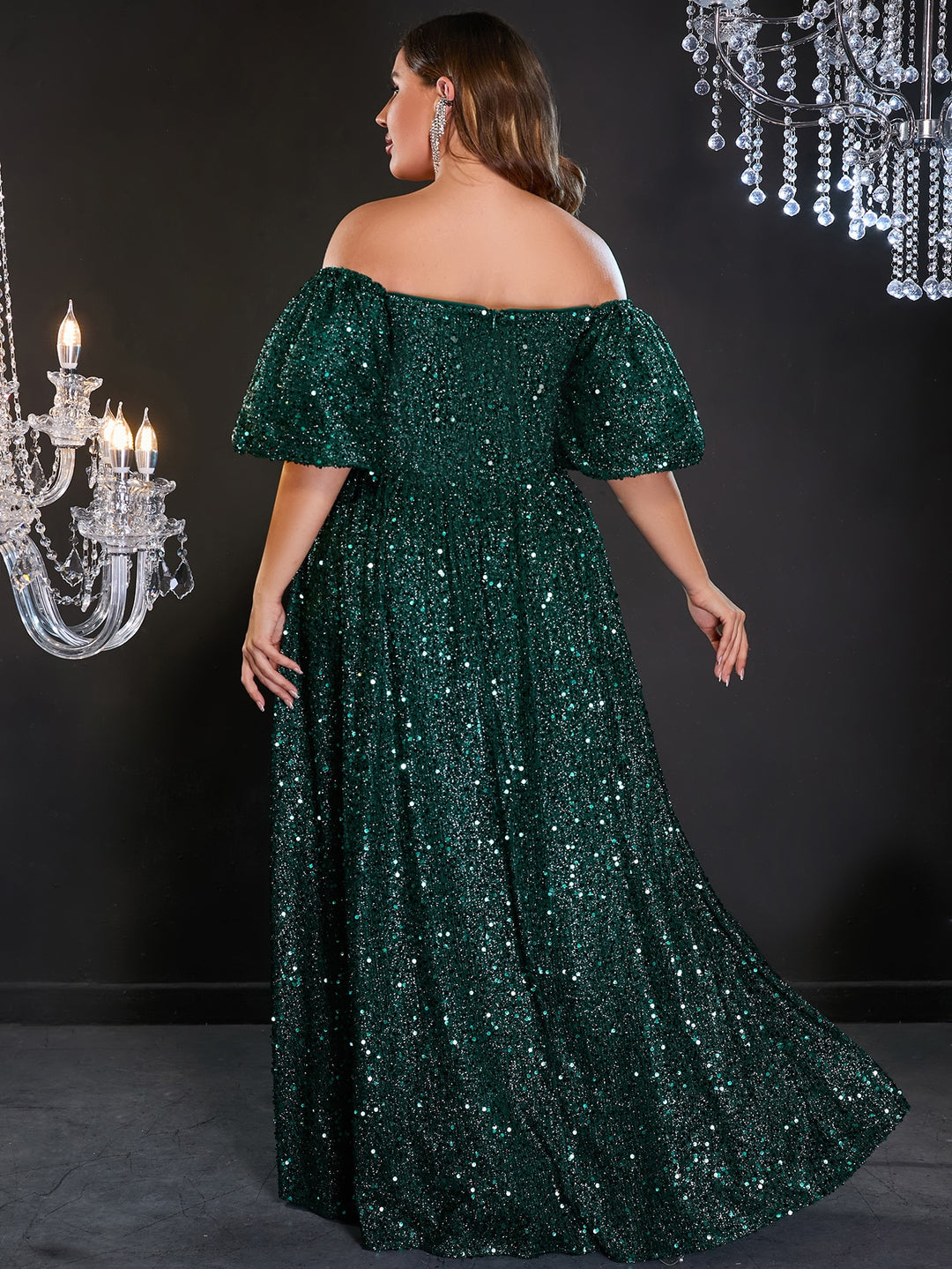 Plus Elegant Off Shoulder Short Sleeve Sequin A Line Dresses