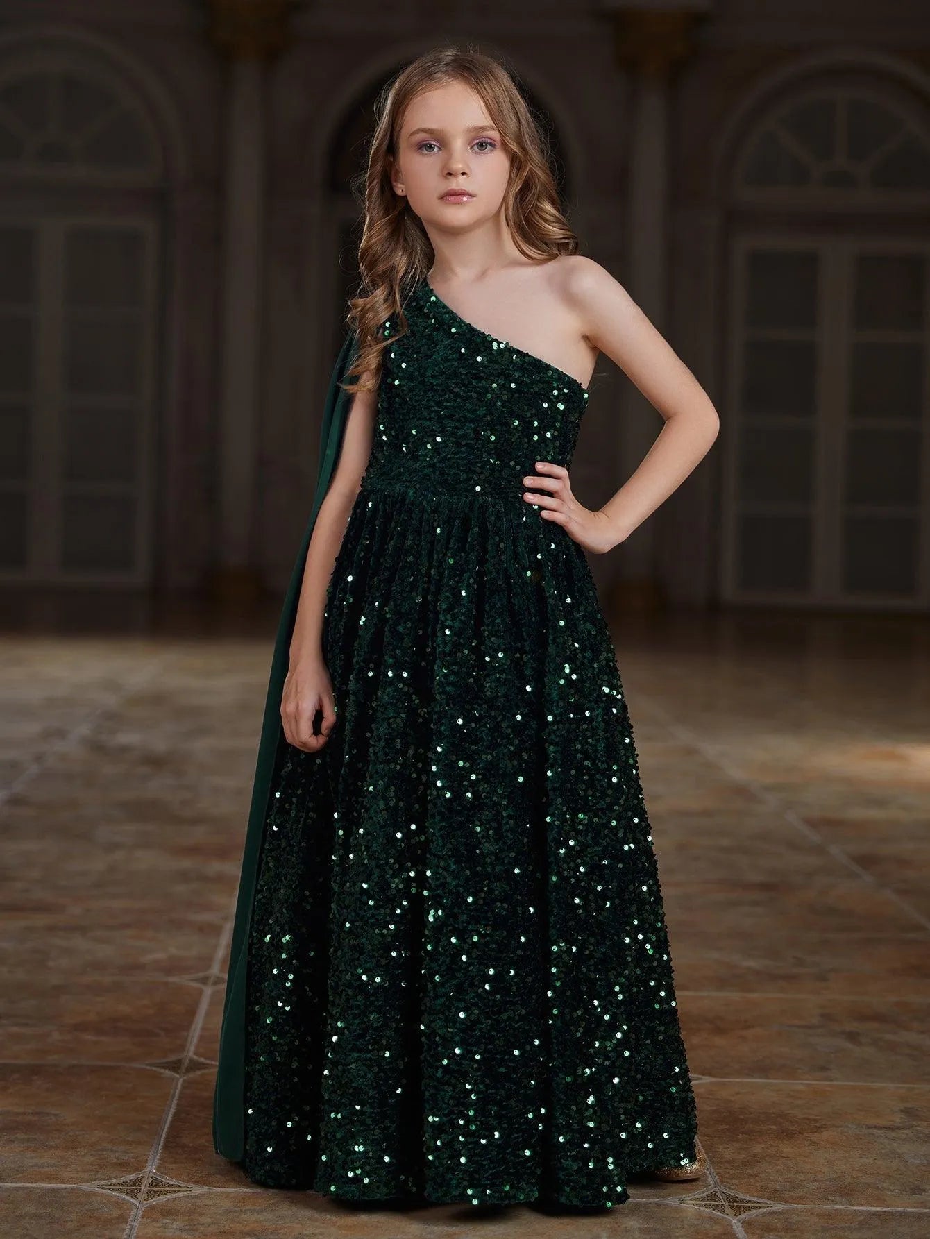 Tween Girls' One Shoulder Draped Side Sequin A-line Dress