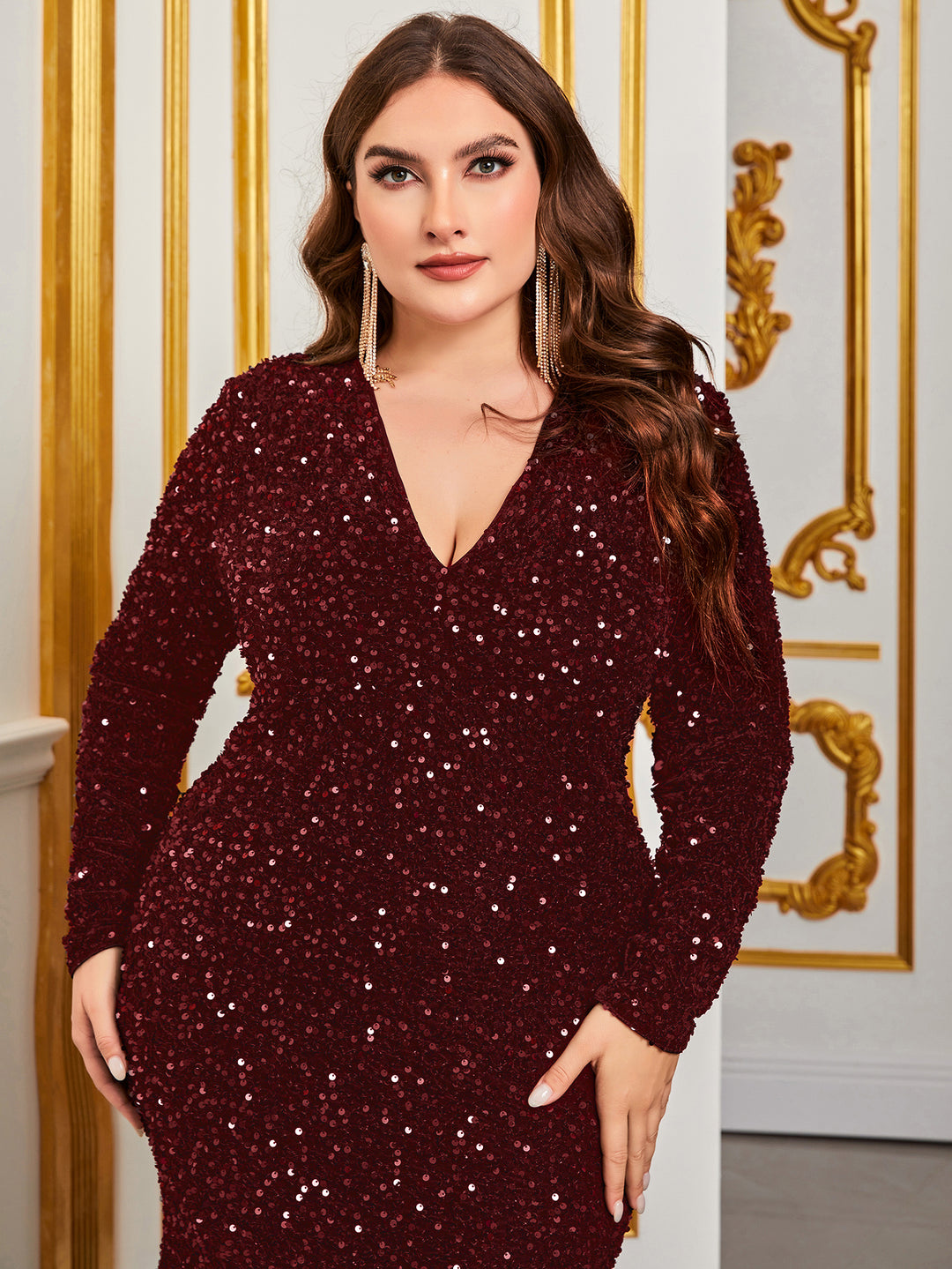 Plus Size Elegant V Neck Long Sleeve Sequin Mermaid Dresses