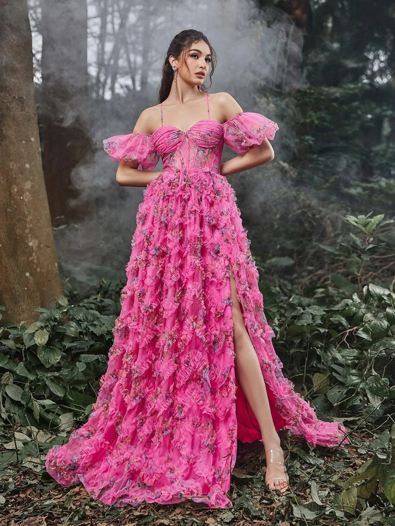 Floral Tulle Off Shoulder Cascading Ruffle Hem Slip Prom Dress