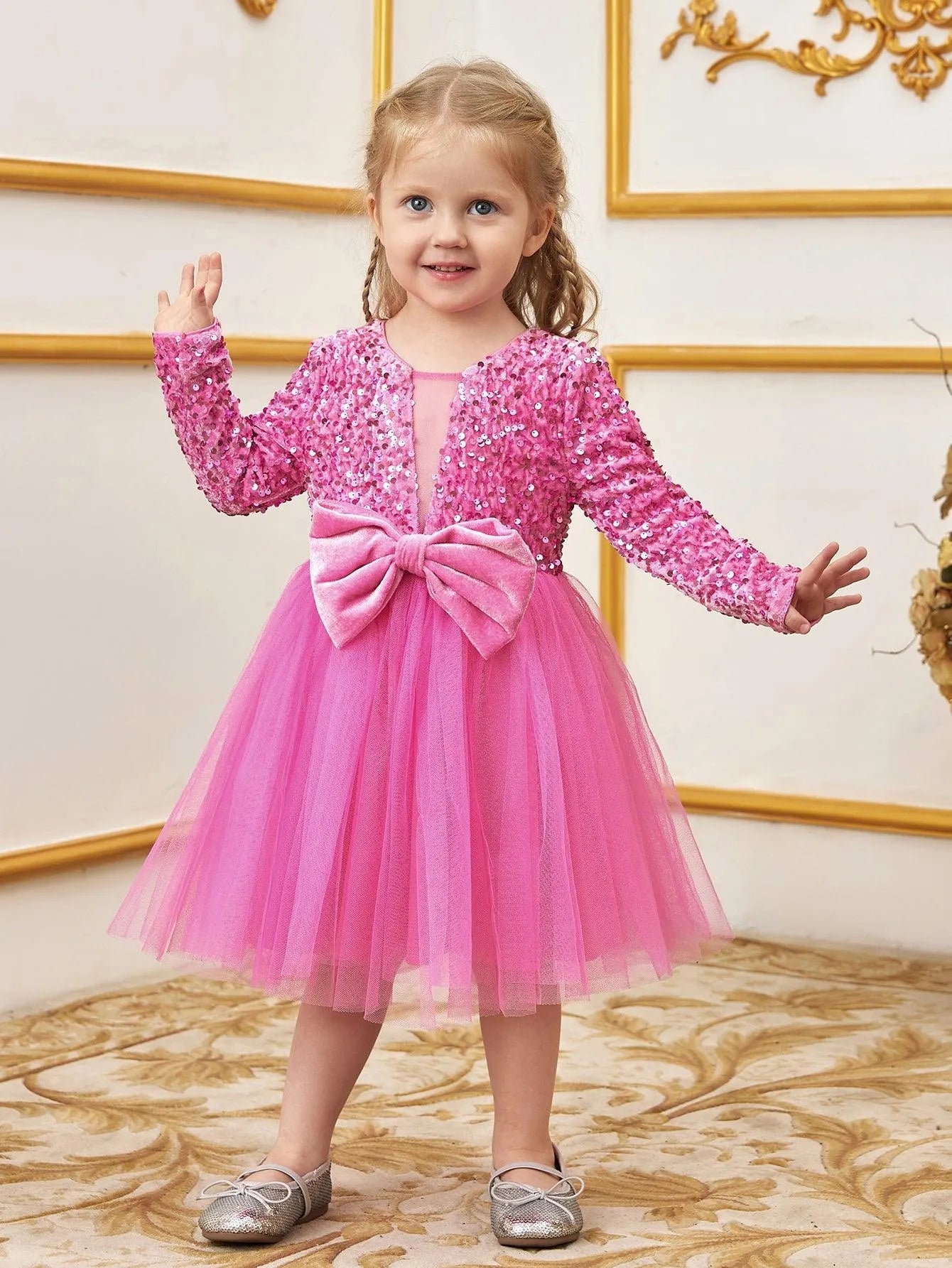 Young Girls' Cute Bow Front Long Sleeve Party Dress