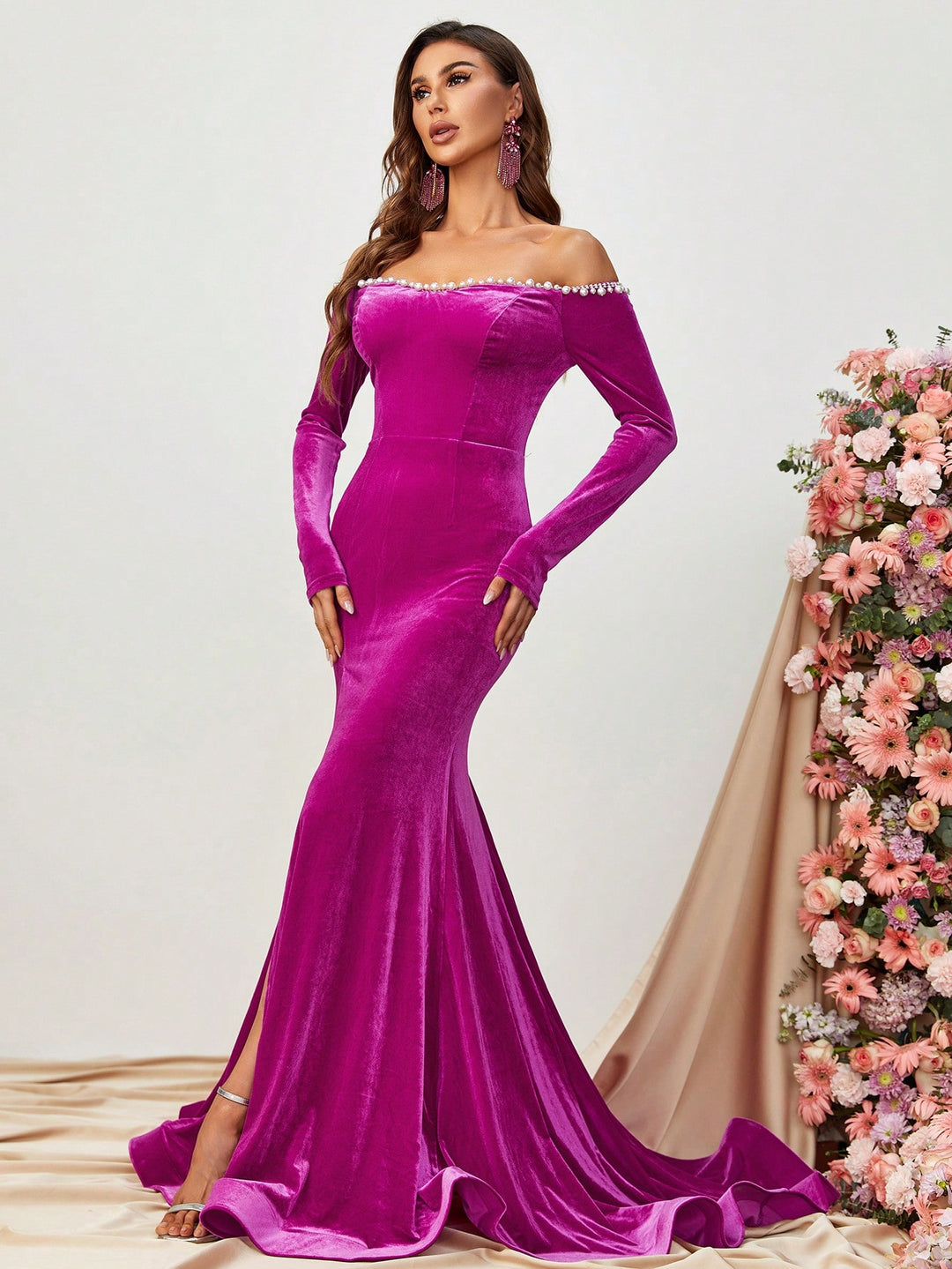 Elegant Off Shoulder Long Sleeve Slit Mermaid Dresses