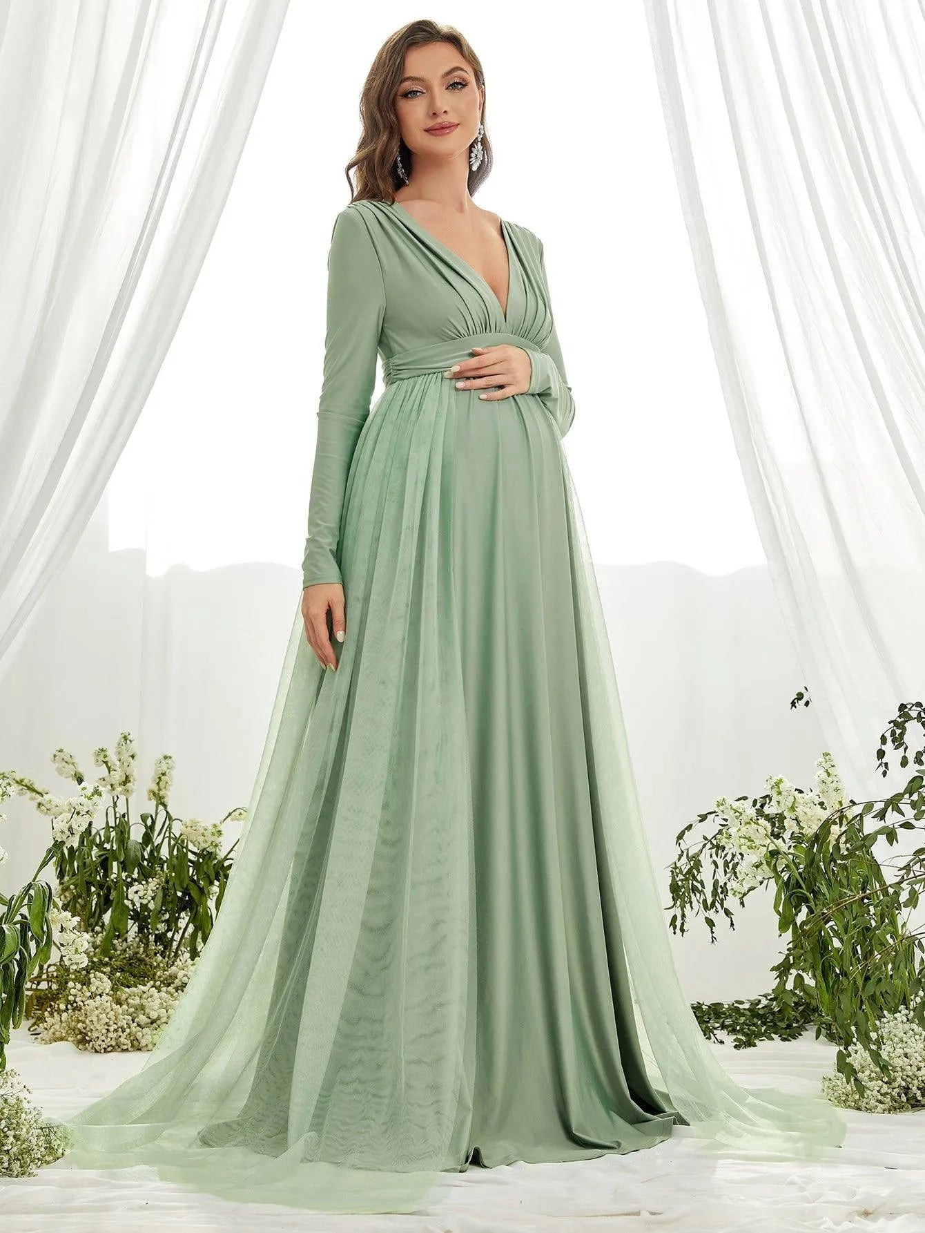 Maternity Plunging Neck Long Sleeve Contrast Mesh Formal Dress