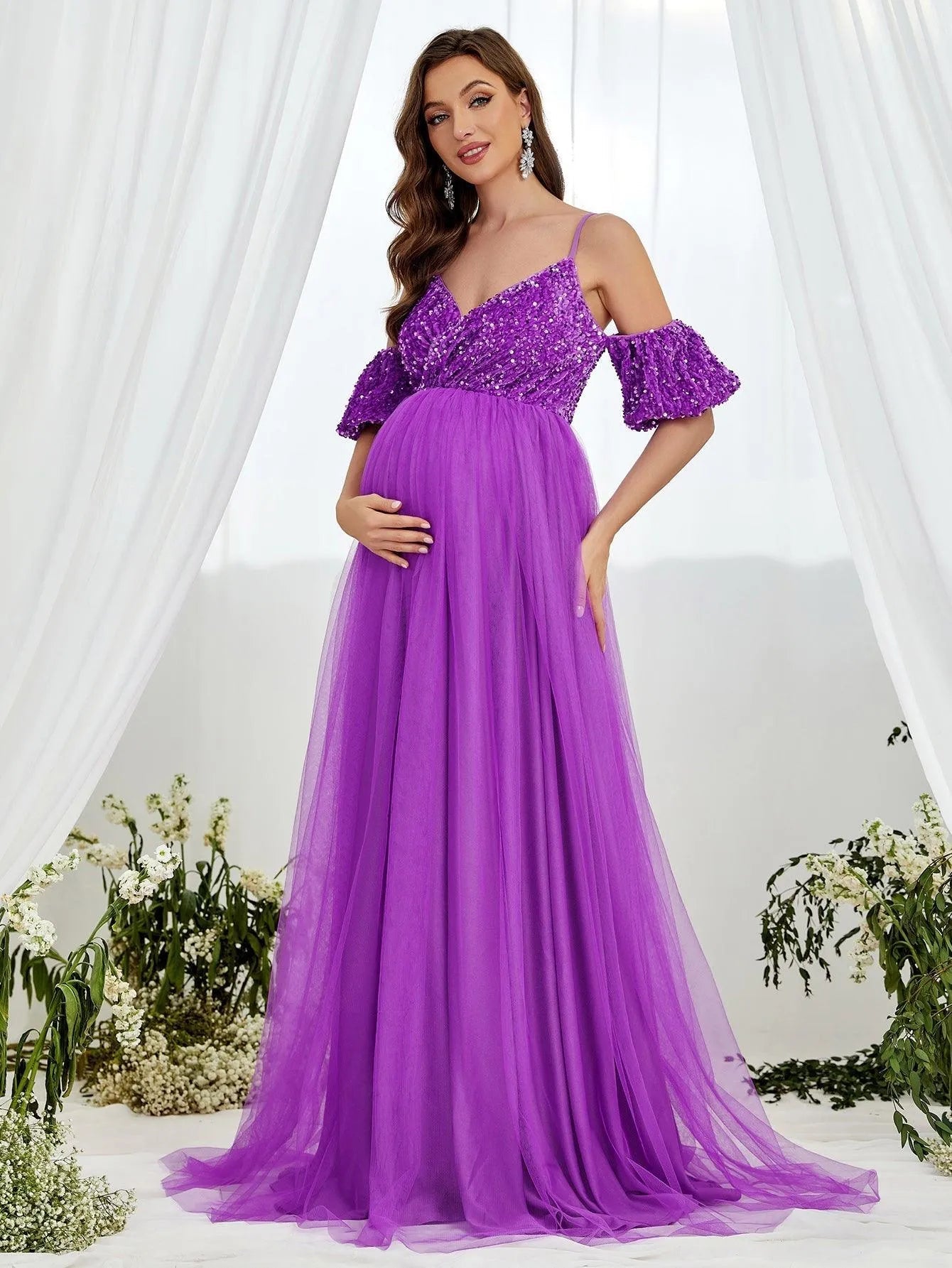 Maternity Cold Shoulder Sequin Bodice Contrast Mesh Hem Dress