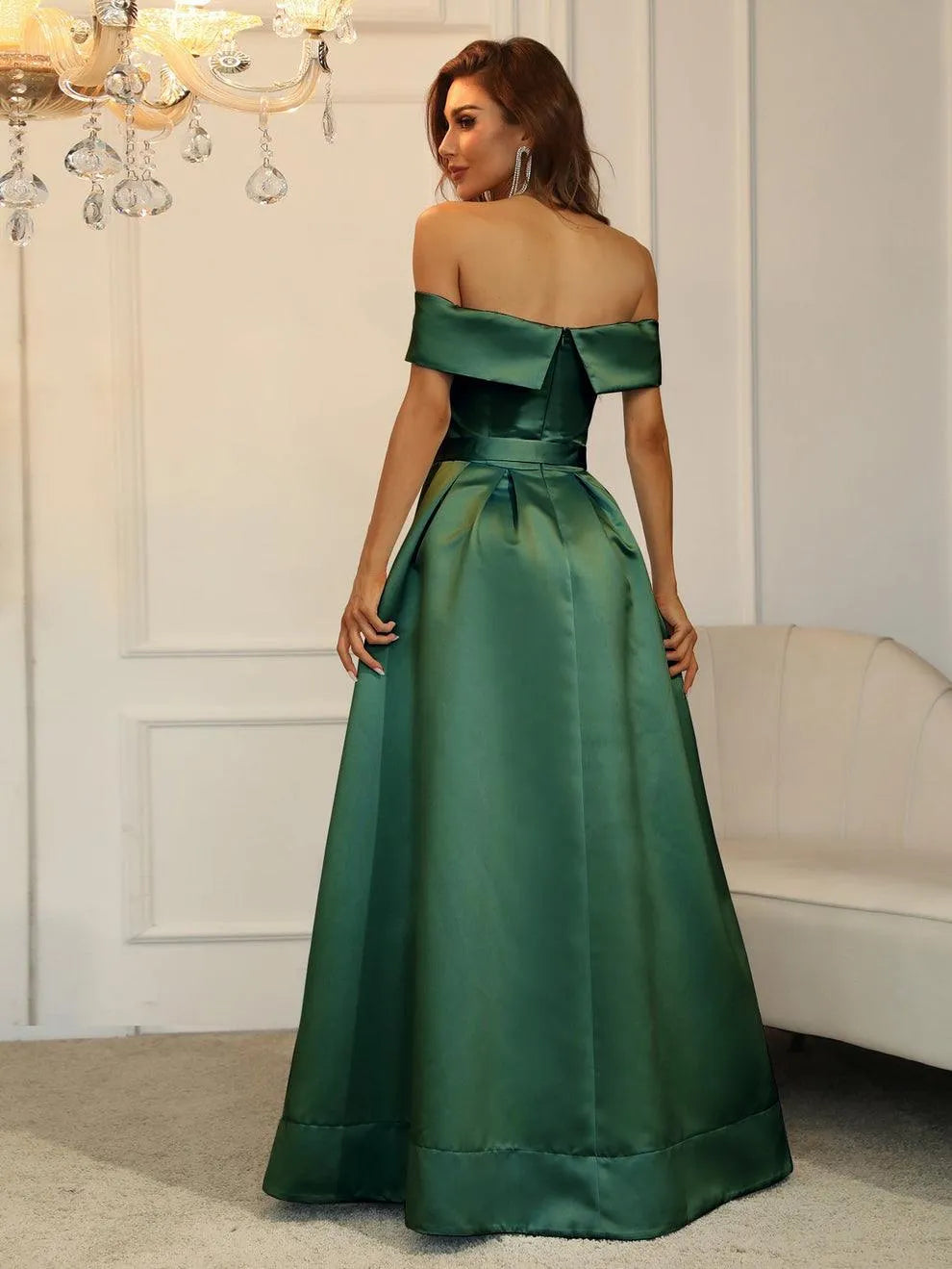 Off Shoulder Buckle Belted Satin Ball Gown