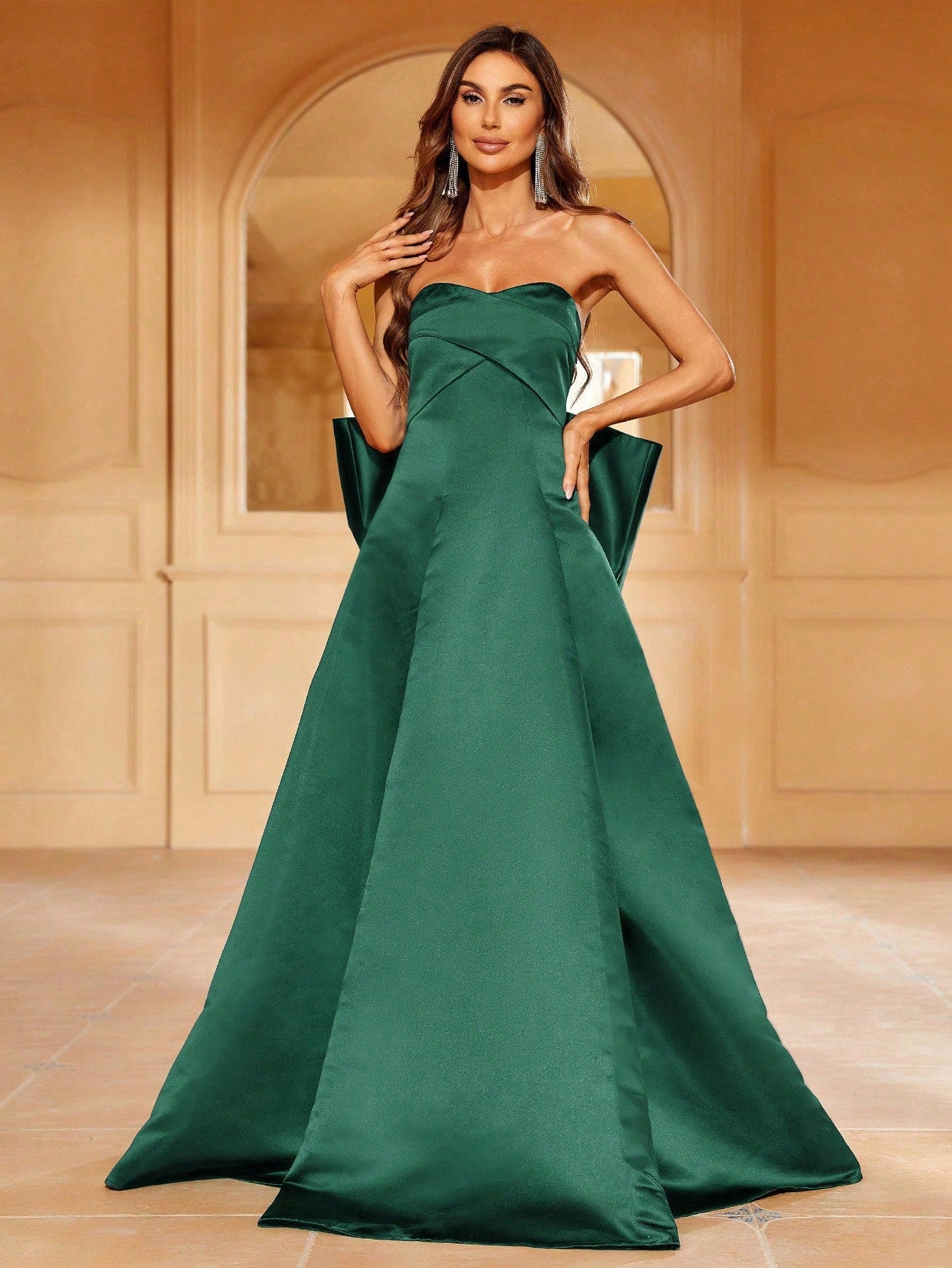 Solid Satin Tube Formal Dress With Big Bow