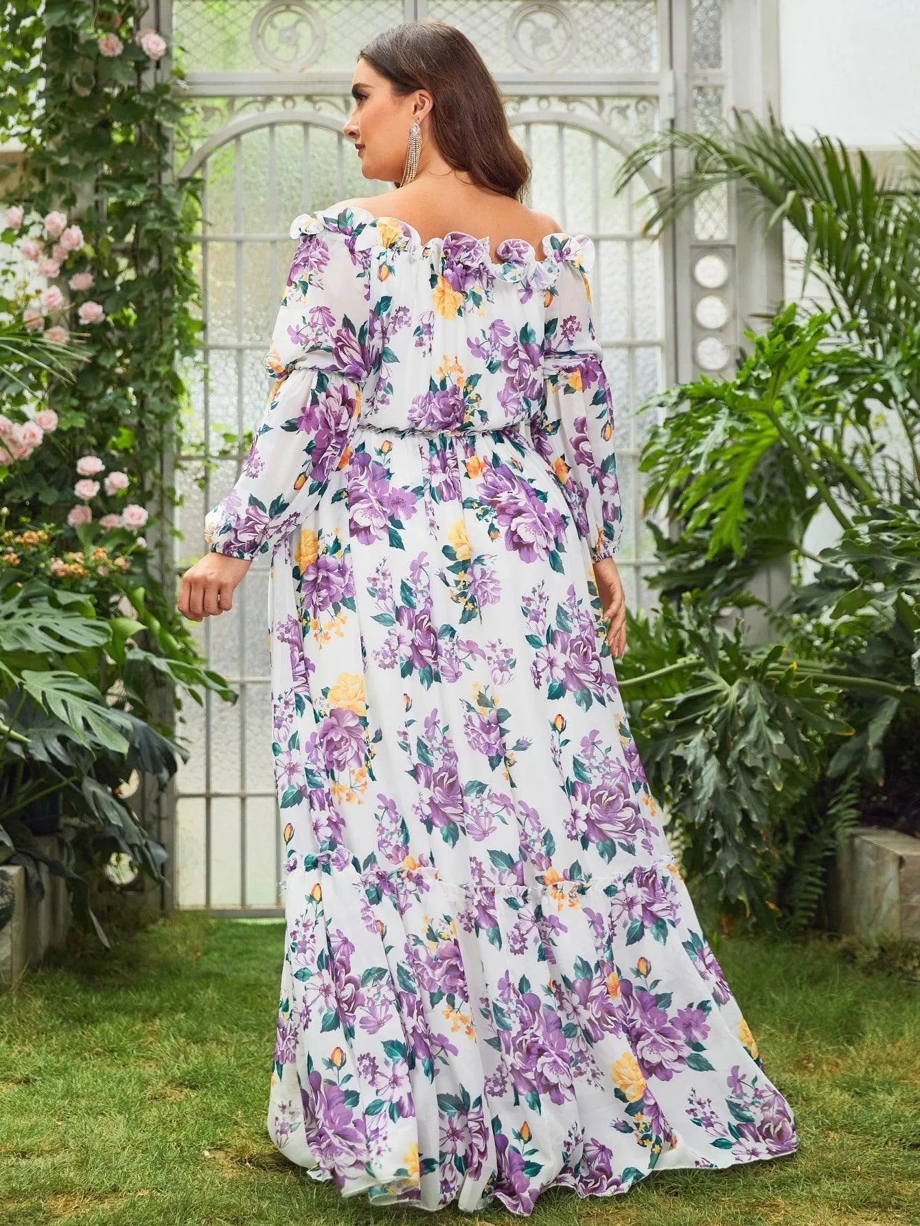 Plus Off Shoulder Long Sleeves Floral Chiffon Dress