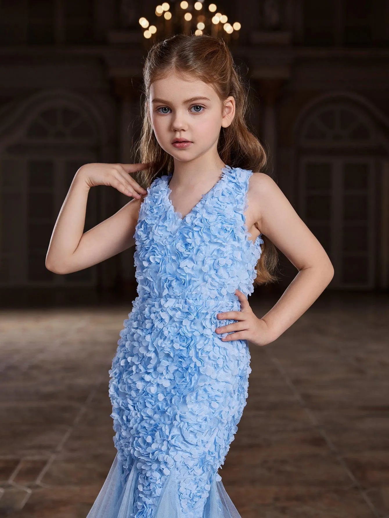 Tween Girls' Mesh Insert Mermaid Hem 3D Flower Dress