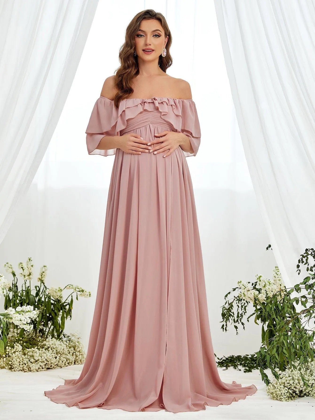 Maternity Off Shoulder Ruched Bust Layered Sleeves Chiffon Dress