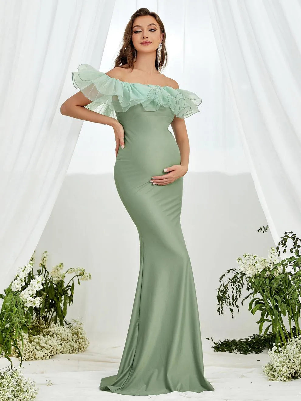 Maternity Ruffle Trim Off Shoulder Mermaid Hem Party Dress