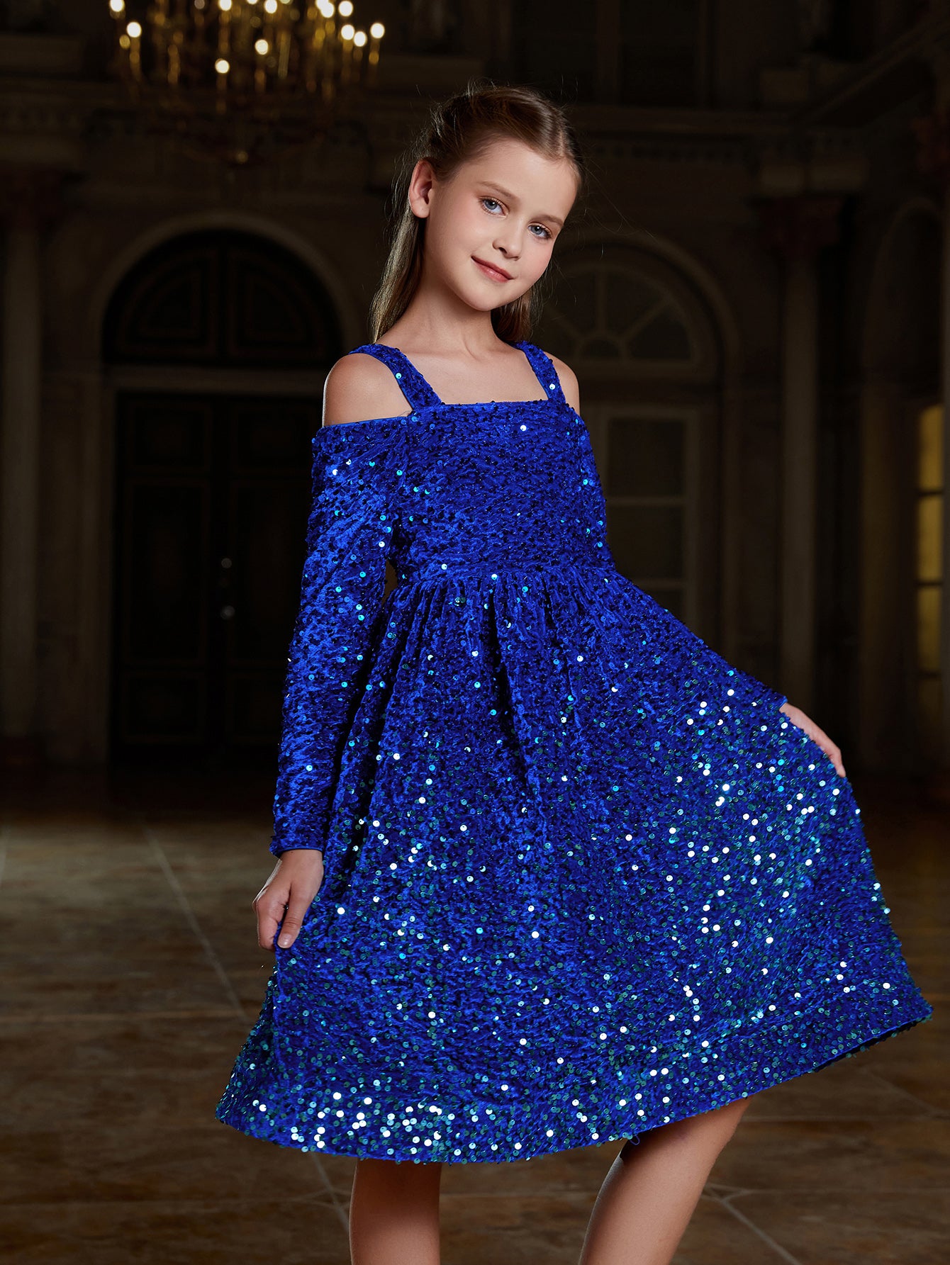 Girl's Off Shoulder Long Sleeve Sequin Cami Dress