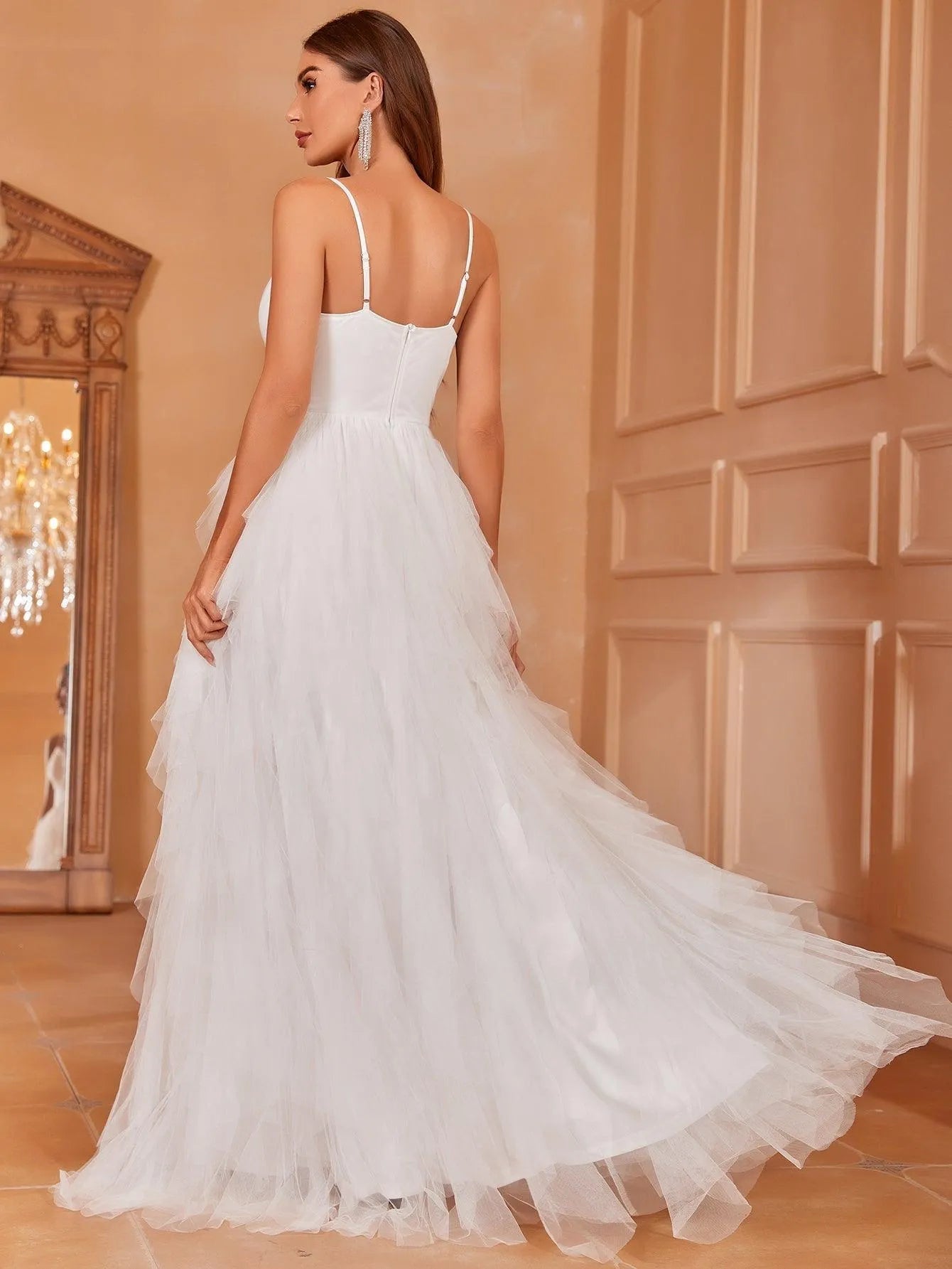 Elegant V Neck Mesh Overlay Cami Wedding Dress