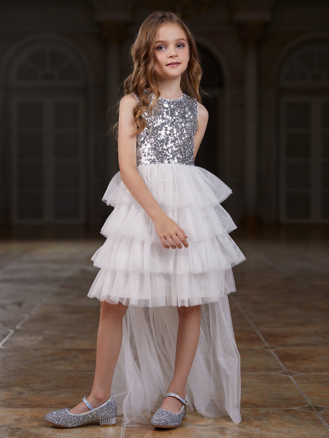 Tween Girls' Mesh Layered Hem Sequin Party Dress