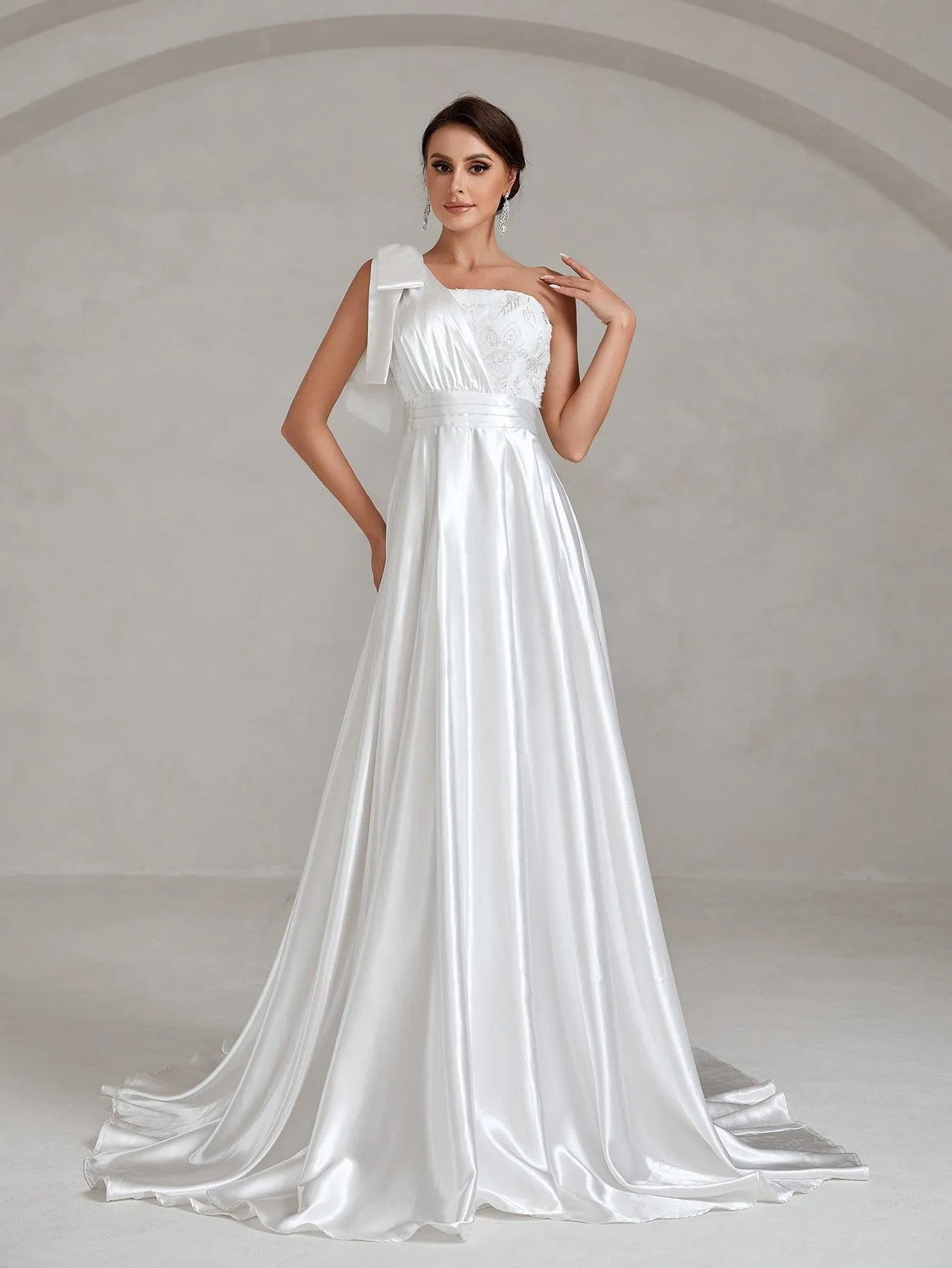 One Shoulde Floor Length Satin Wedding Dress