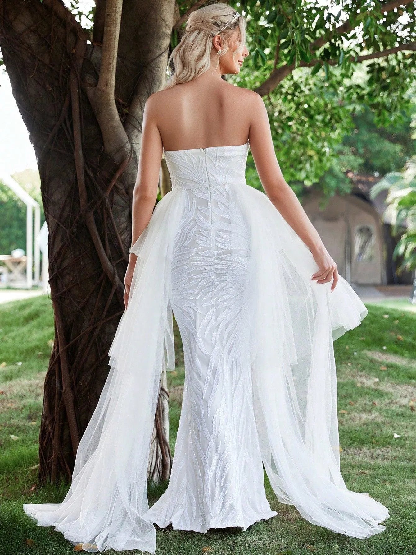 Contrast Mesh Mermaid Hem Sequin Tube Wedding Dress