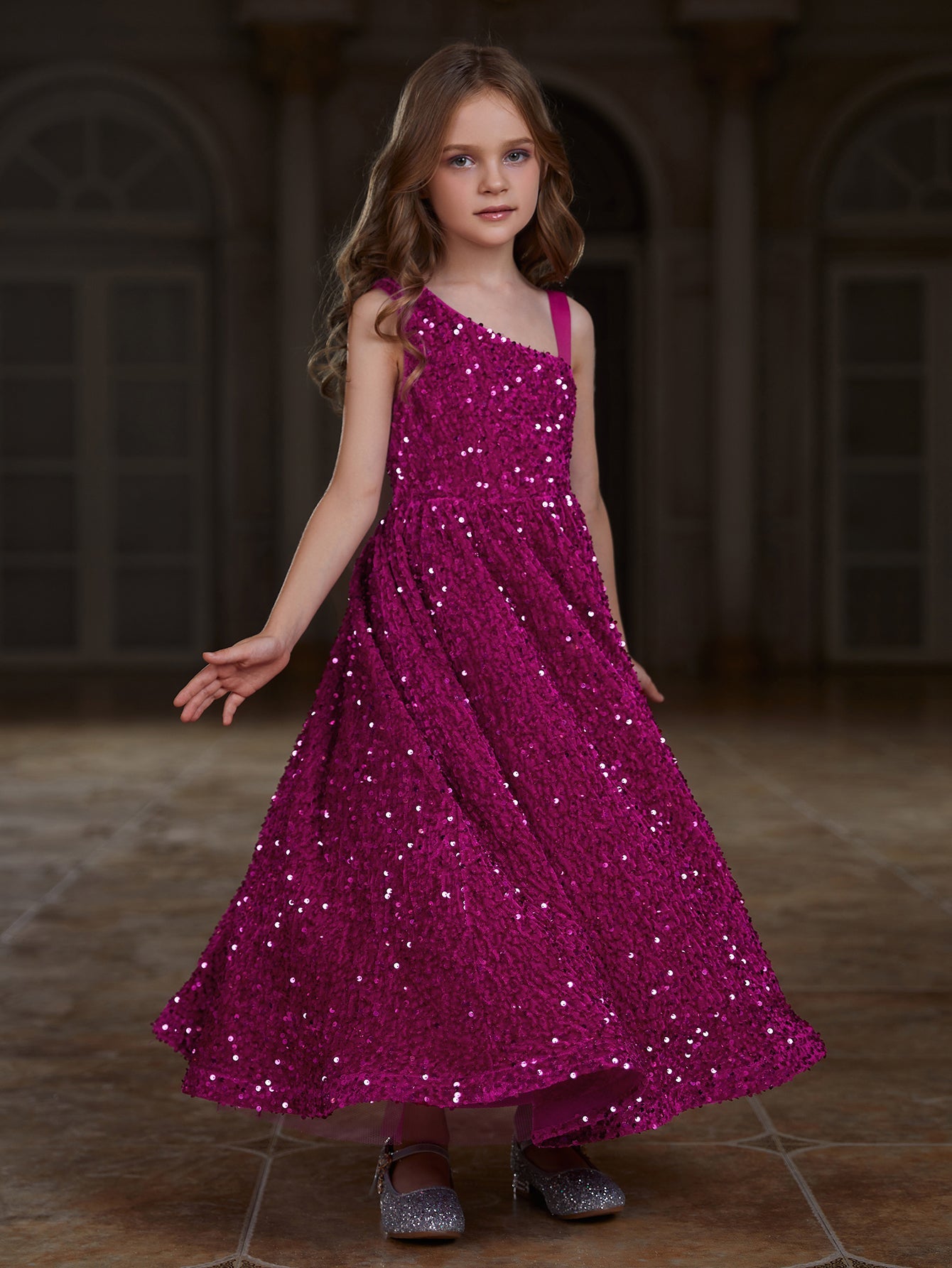 Tween Girls' Asymmetrical Neckline Sleeveless Sequin Party Dress