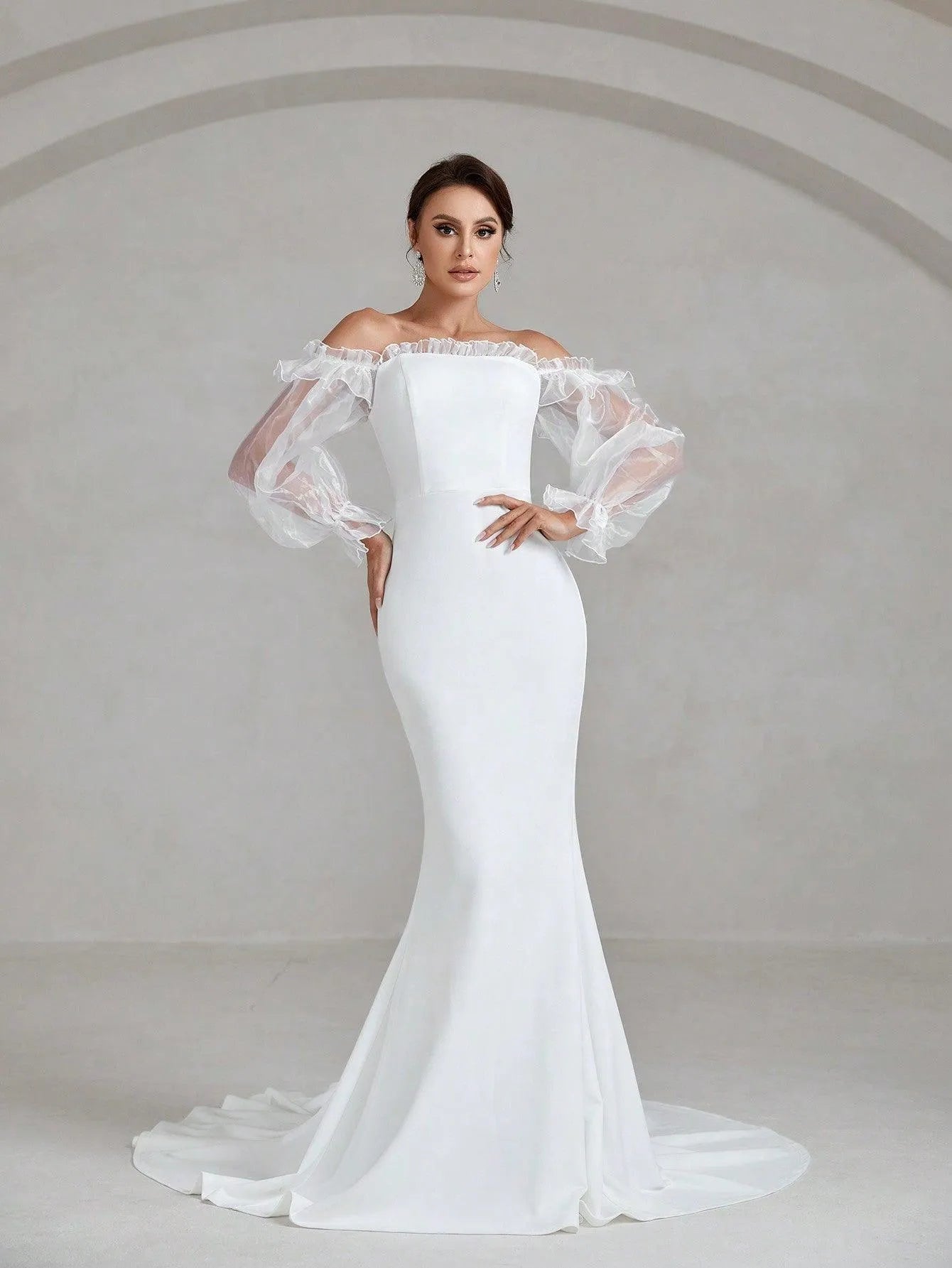 Off Shoulder Flounce Sleeve Maxi Mermaid Hem Wedding Dress