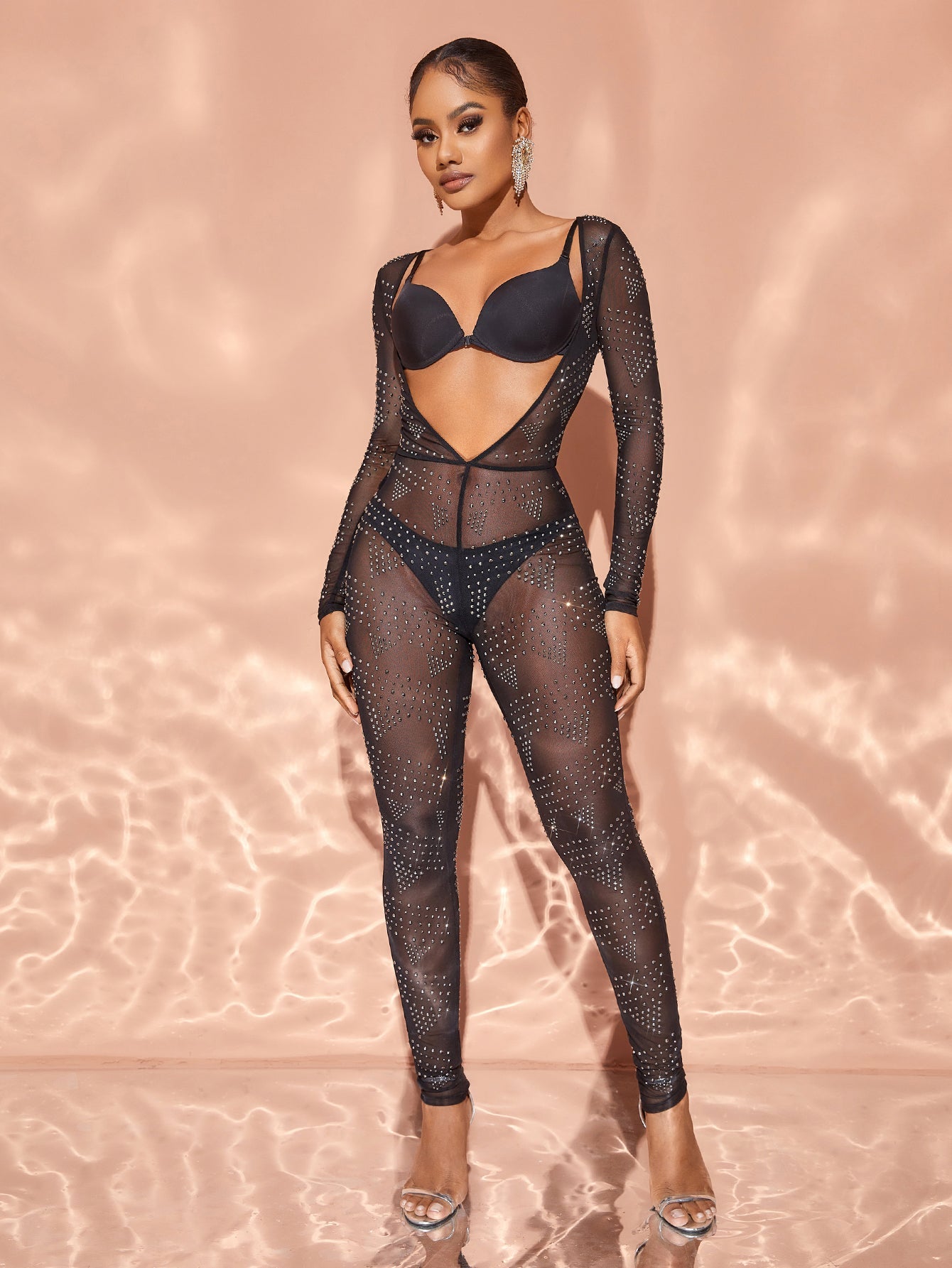 Rhinestone Detail Plunging Neck Jumpsuit