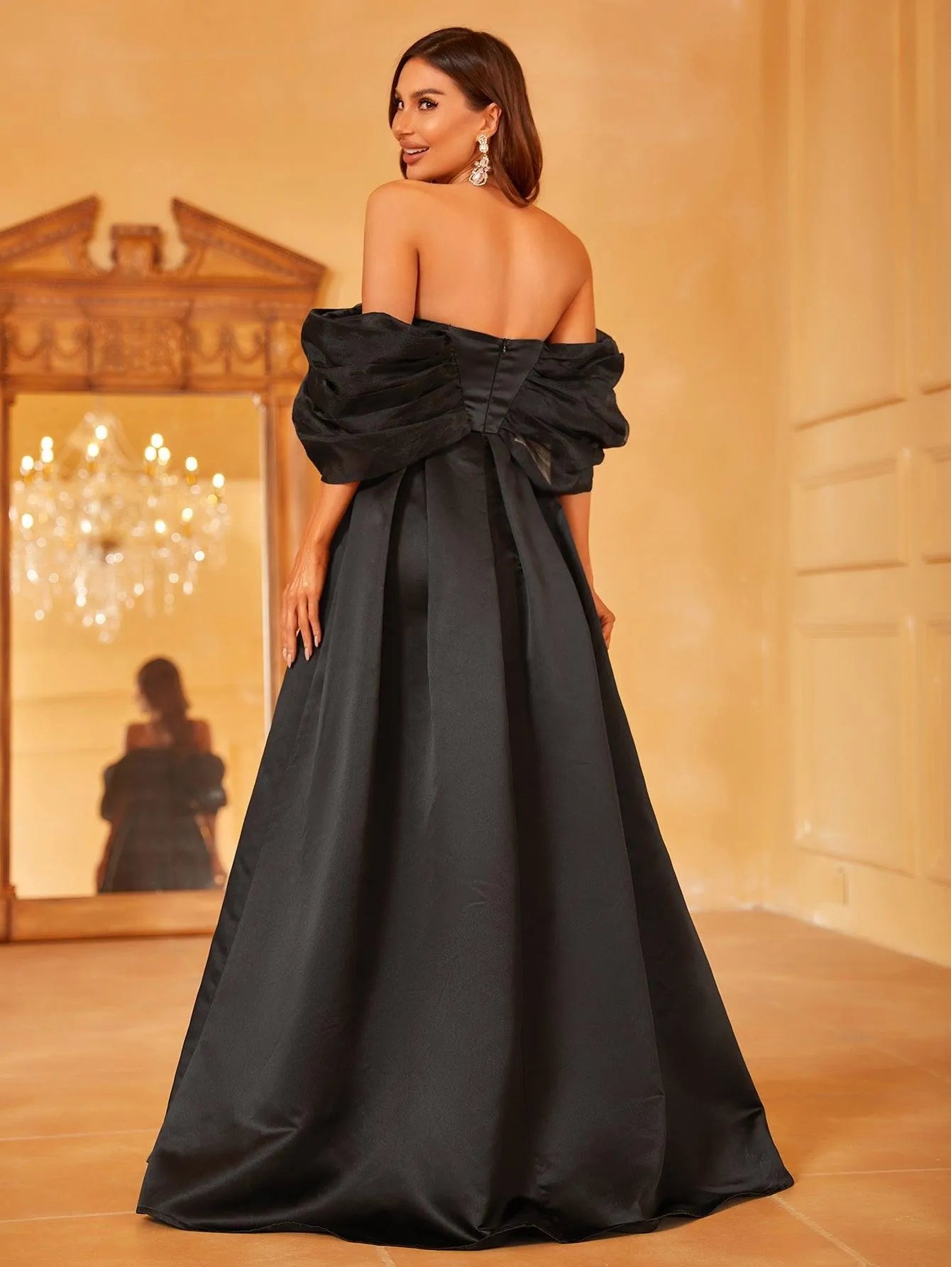 Off Shoulder Contrast Mesh Satin Formal Dress