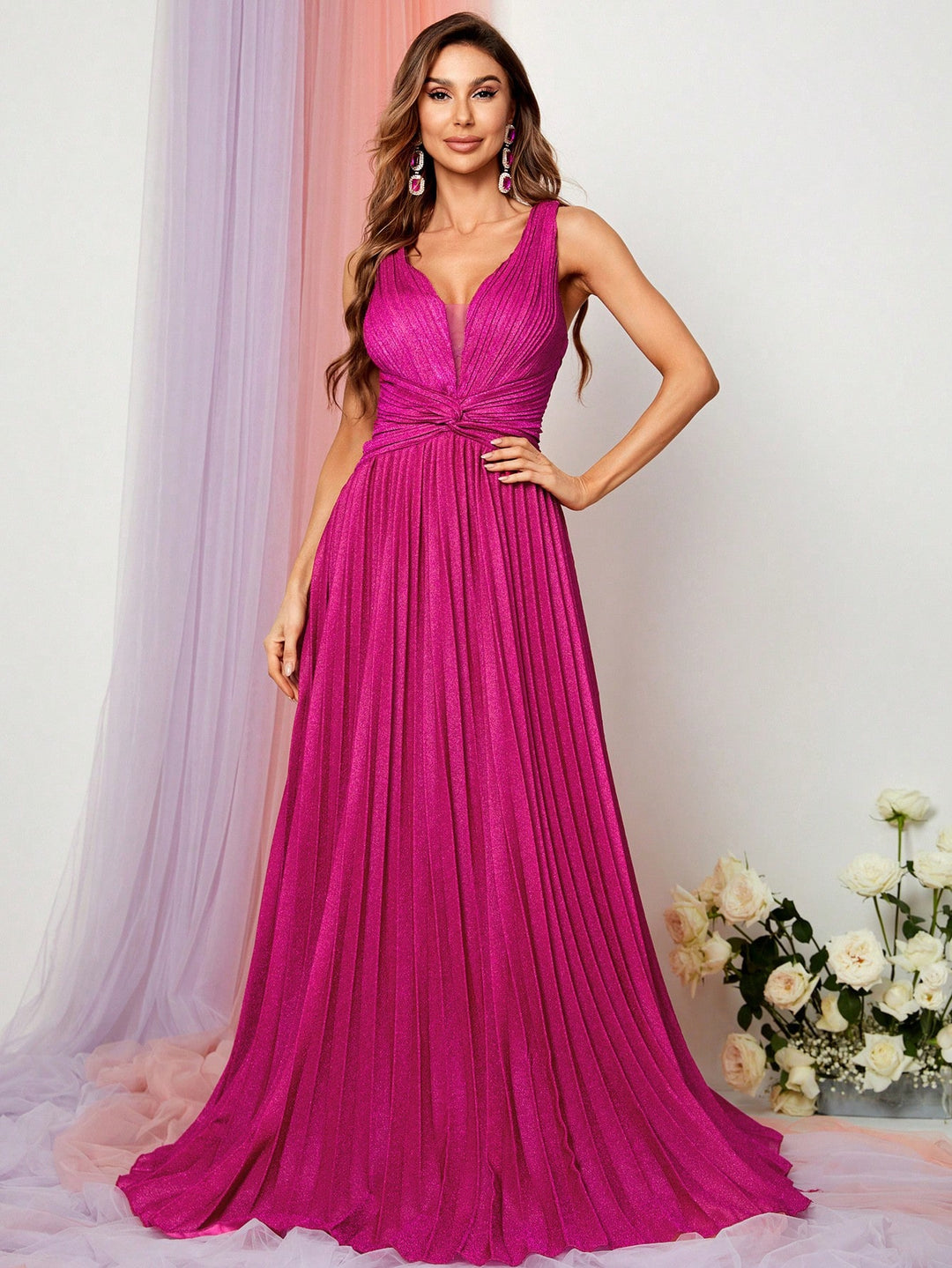 Glitter V Neck Sleeveless Maxi A Line Pleated Gown