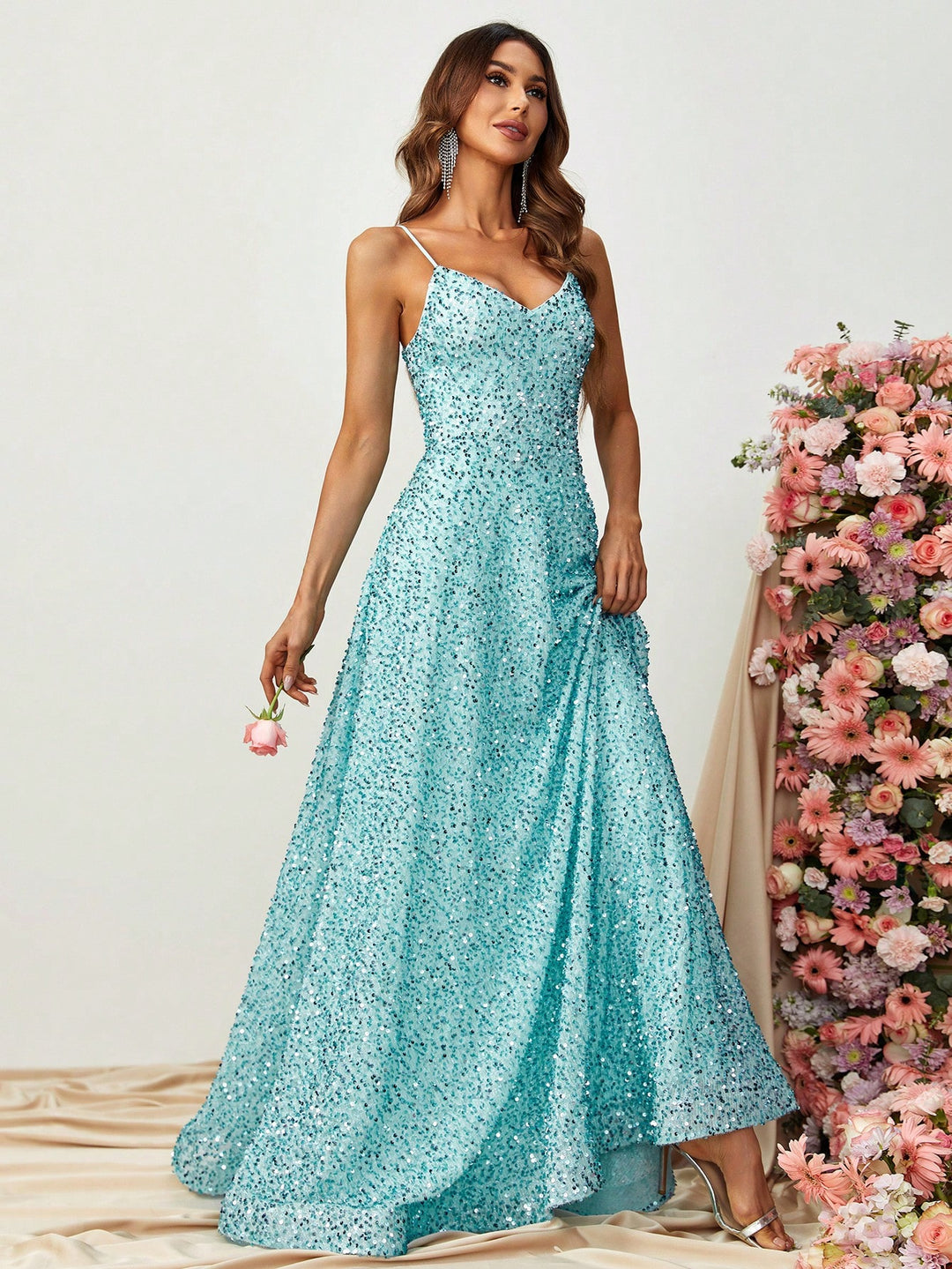 Elegant Spaghetti Strap Sleeveless Sequin A Line Dresses