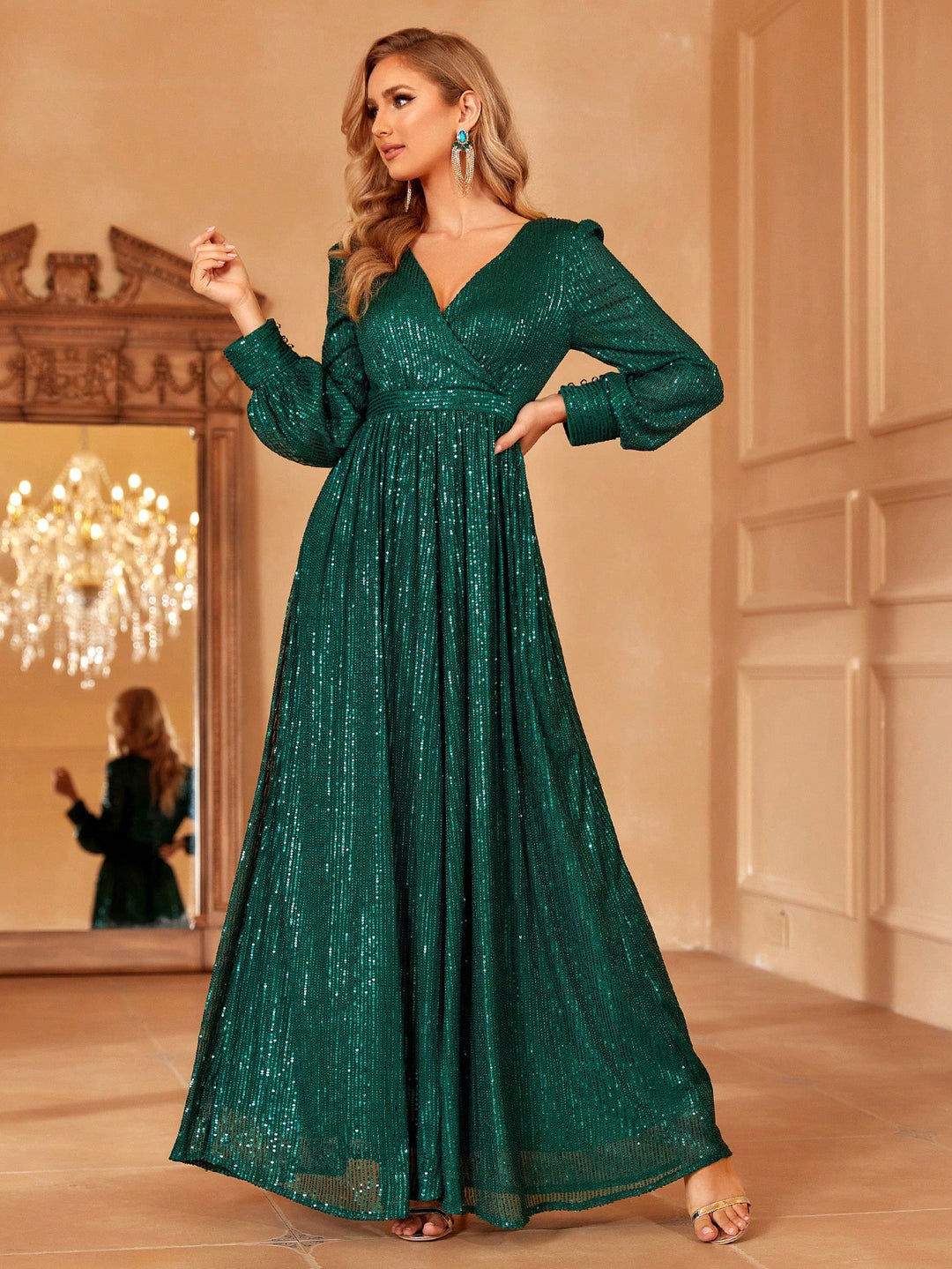 Elegant V Neck Lantern Sleeve Sequin A Line Dresses