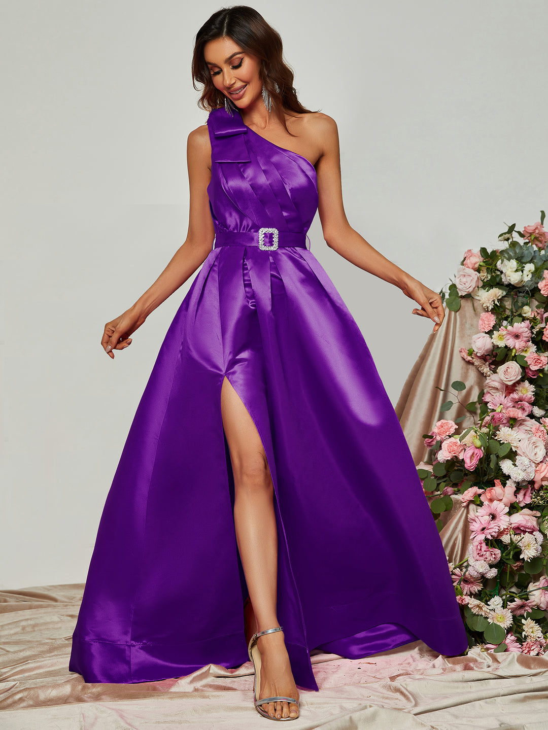 Elegant One Shoulder Sleeveless Satin A line Dresses