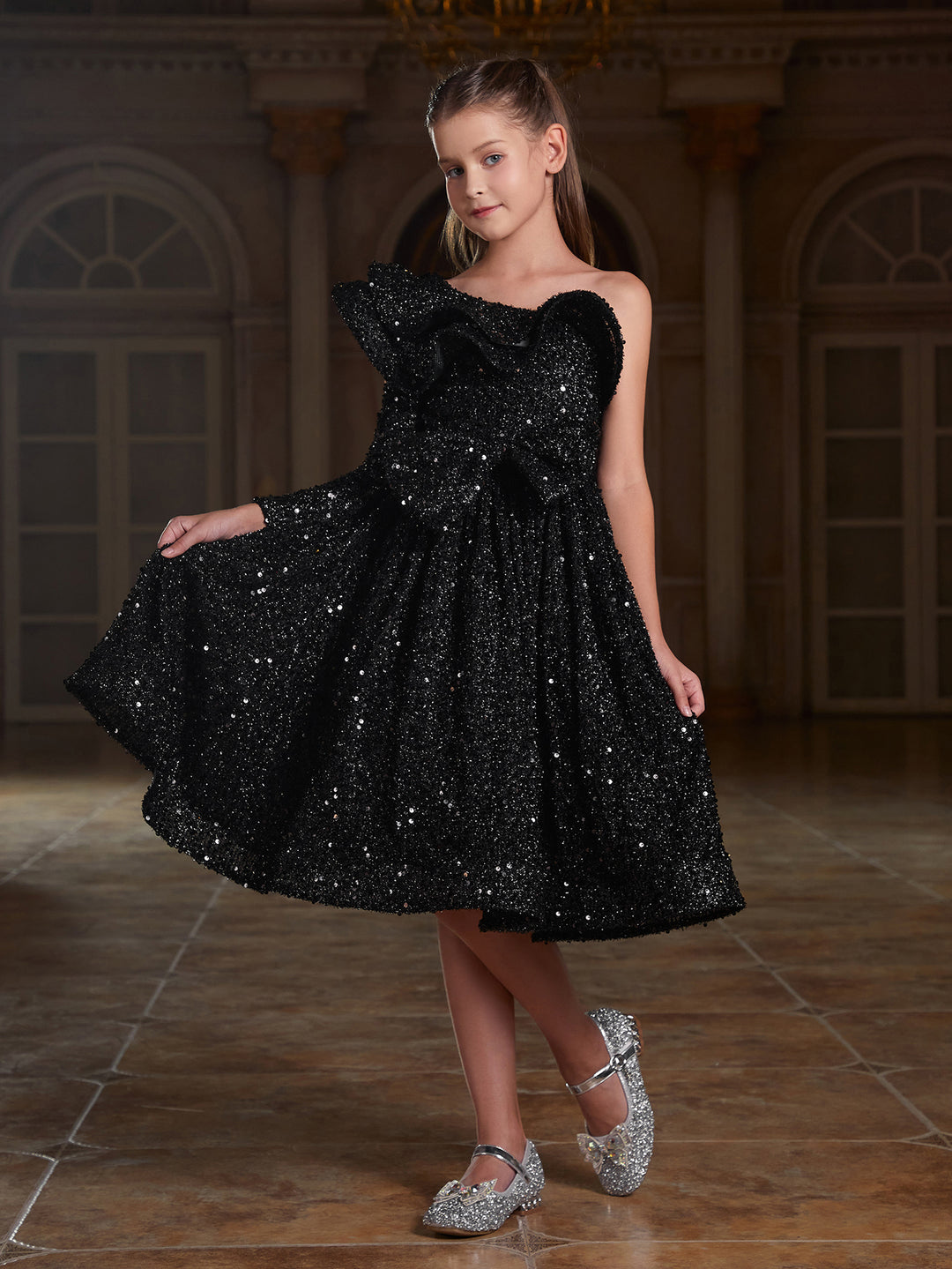 Girl's One Shoulder Layered Ruffle Trim Sequin Party Dress