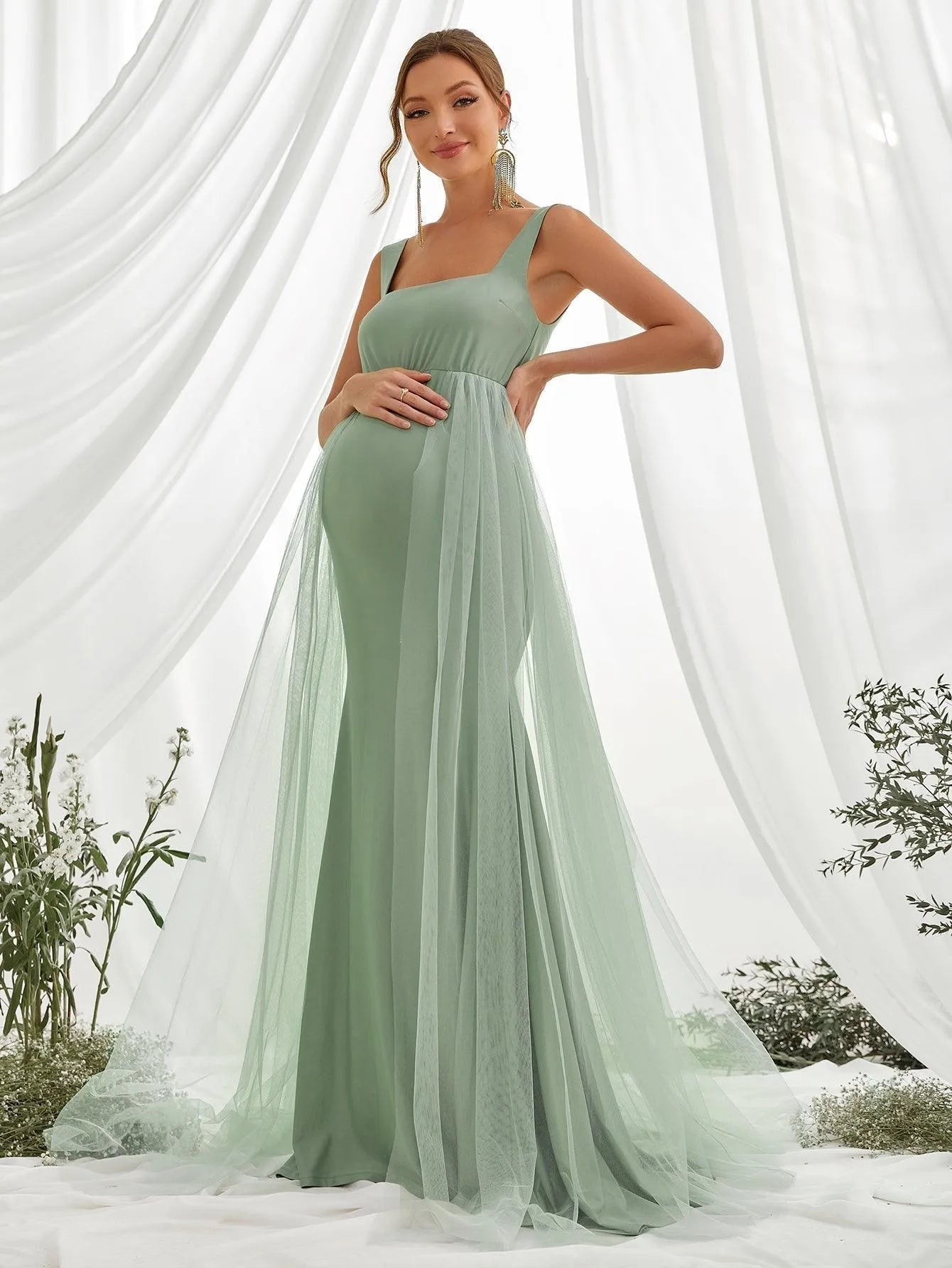 Maternity Contrast Mesh Square Neck Mermaid Dress