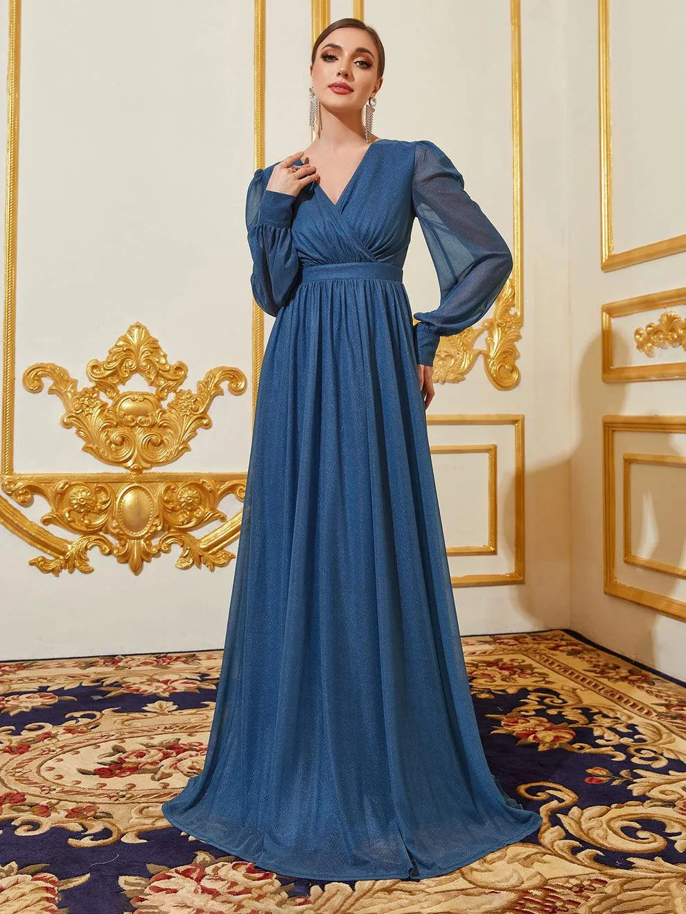 Elegant V Neck Lantern Sleeves Maxi A Line Dress