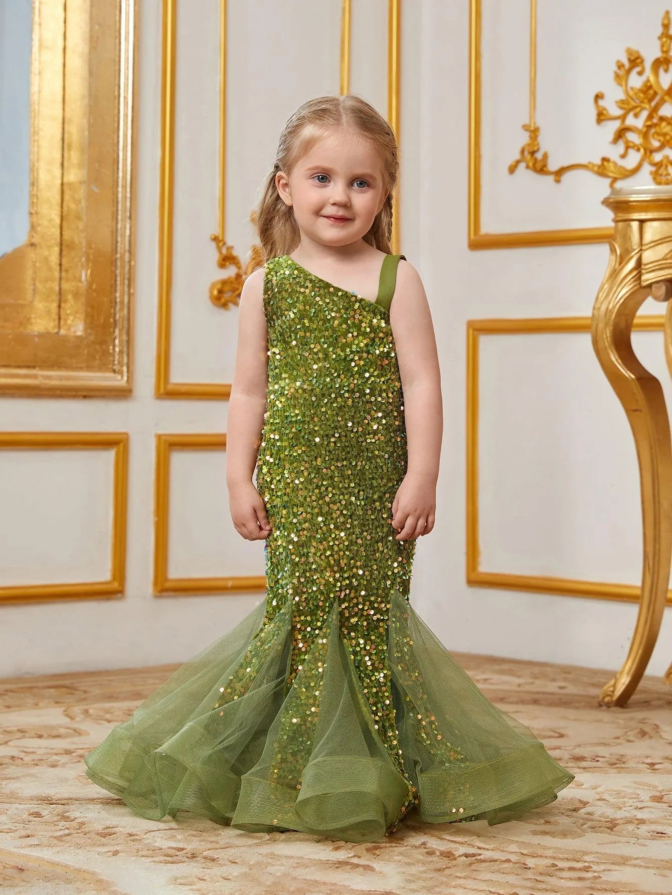 Young Girls' Mesh Insert Mermaid Hem Sequin Dress