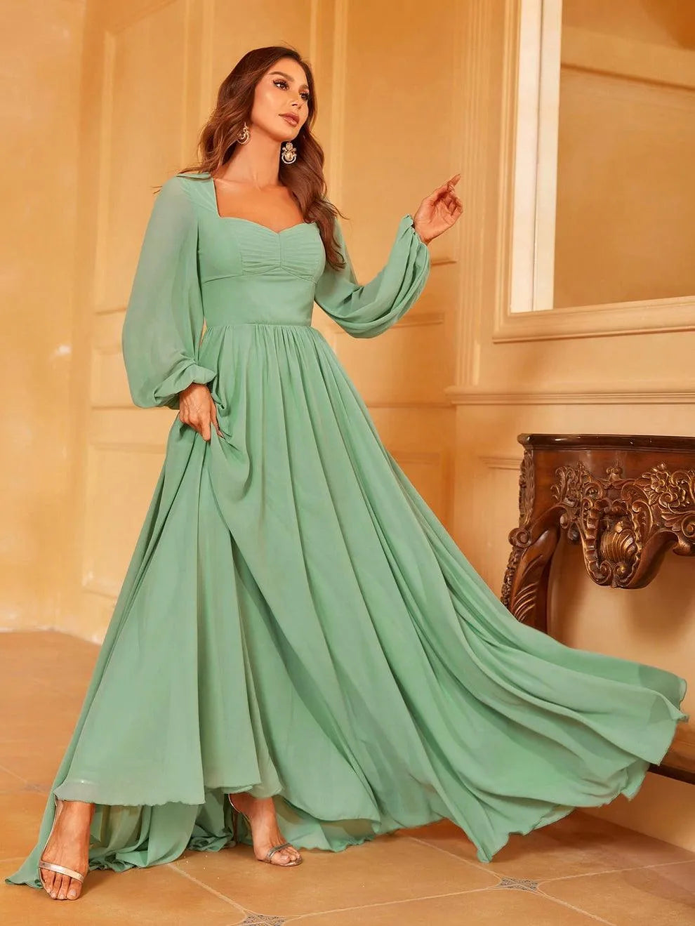 Solid Lantern Sleeves Chiffon A Line Dress