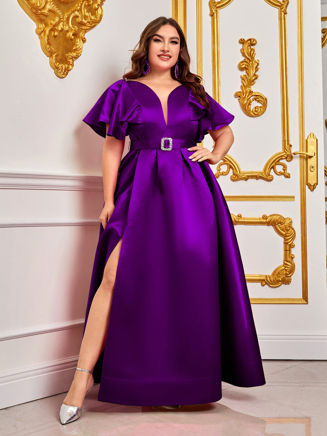 Plus Rhinestone Detail Belted Ruffle Sleeve Satin Dress