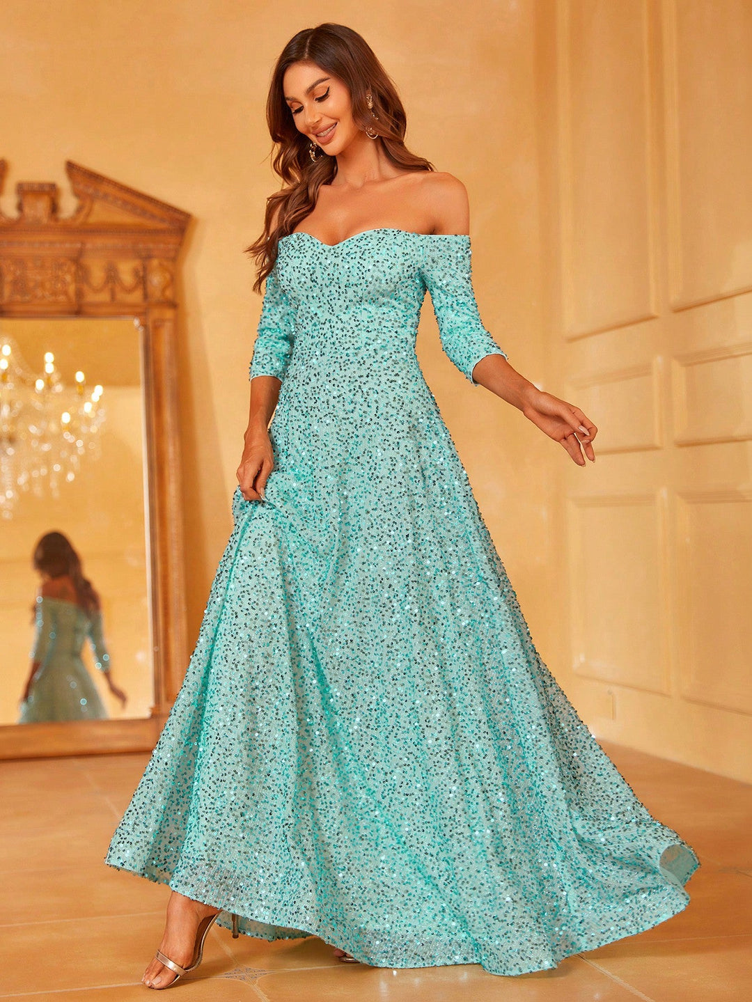 3/4 Sleeve Off Shoulder Sweetheart Sequin A Line Dresses