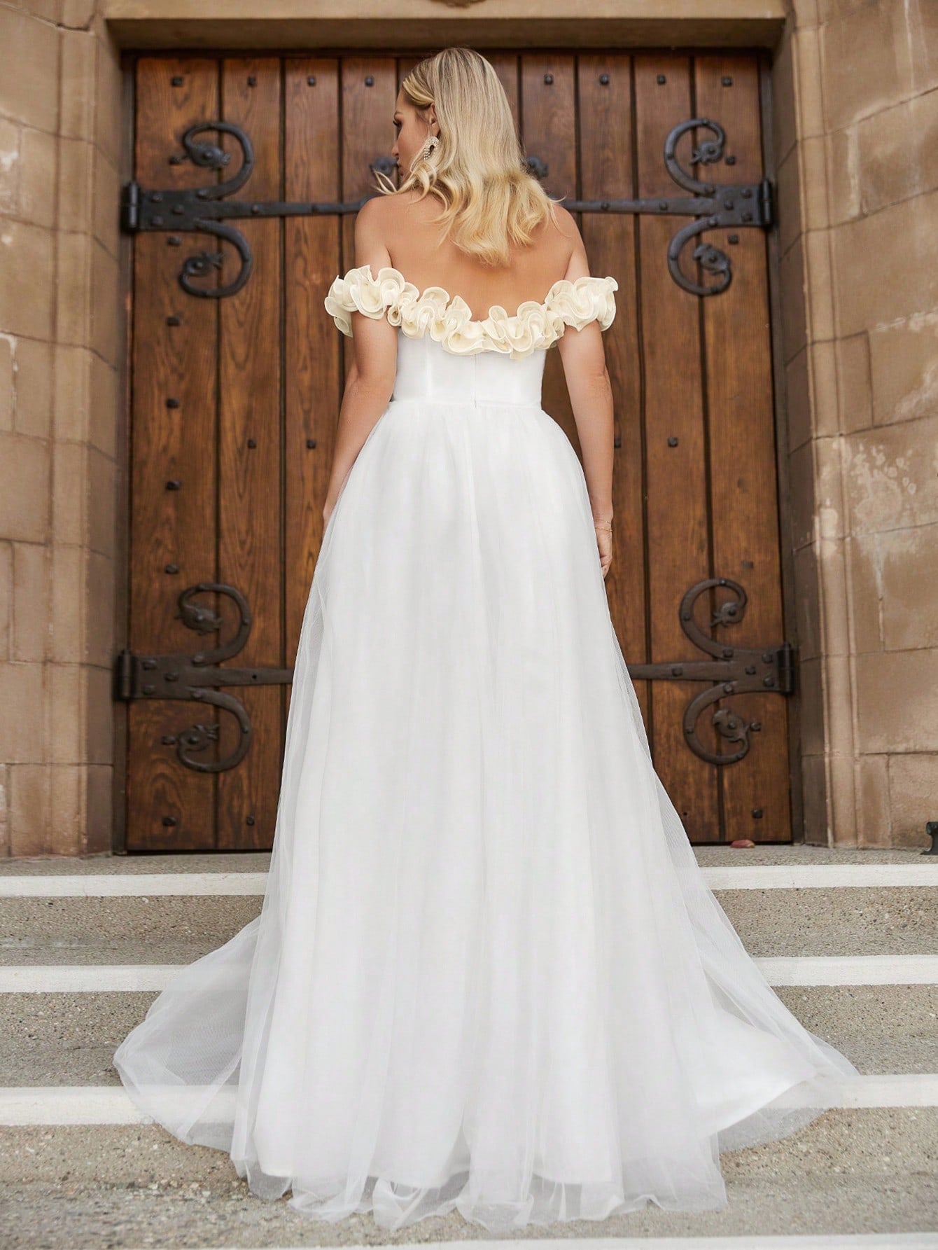 Off Shoulder Satin Bodice Contrast Organza Hem Wedding Dresses