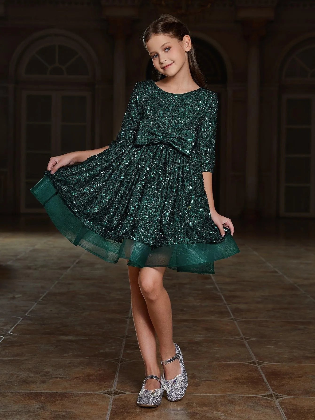 Tween Girls' Bow Detail 3/4 Sleeve Sequin Party Dress