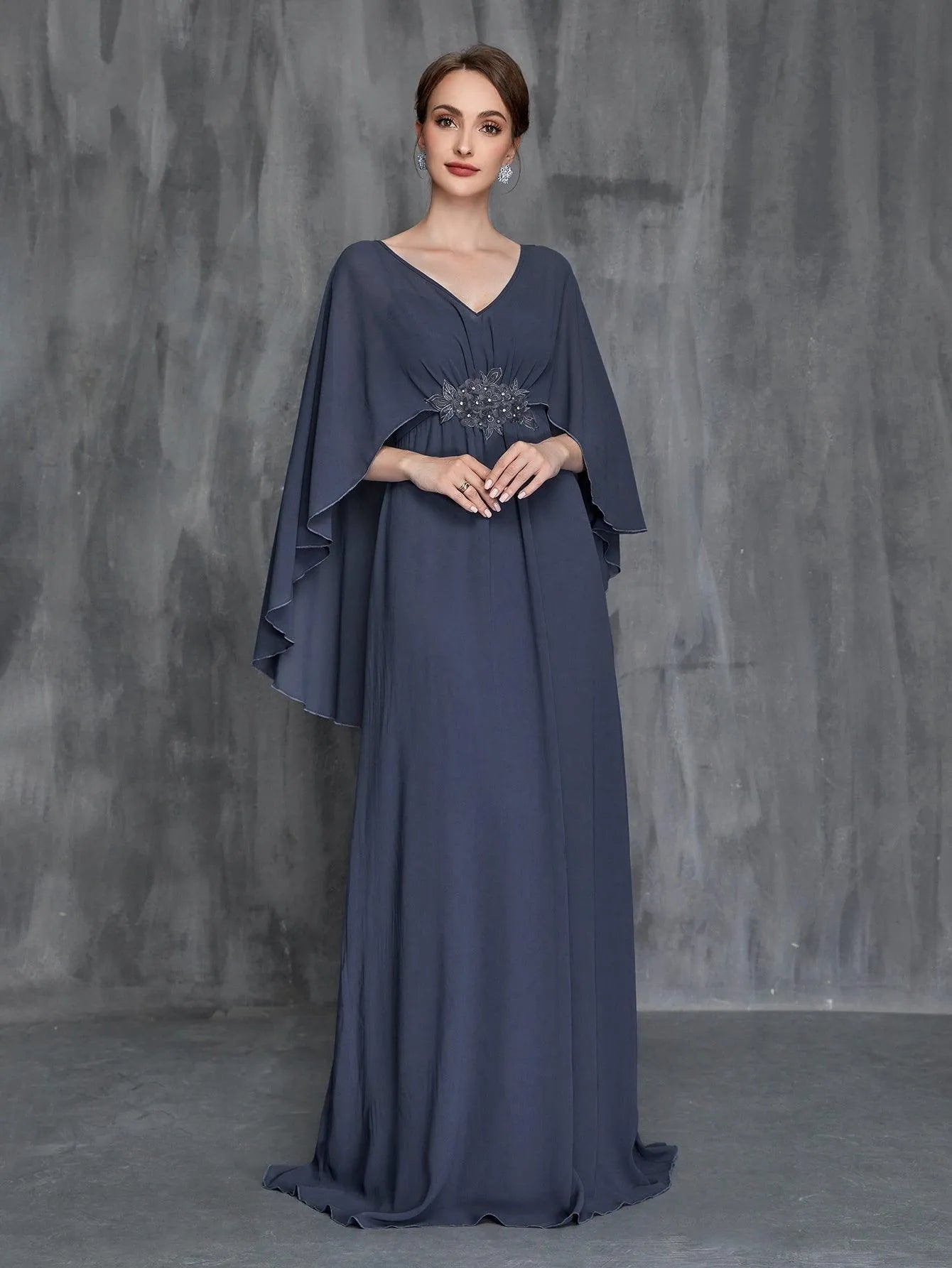 Womens' Applique Detail V Neck Chiffon Cape Dress