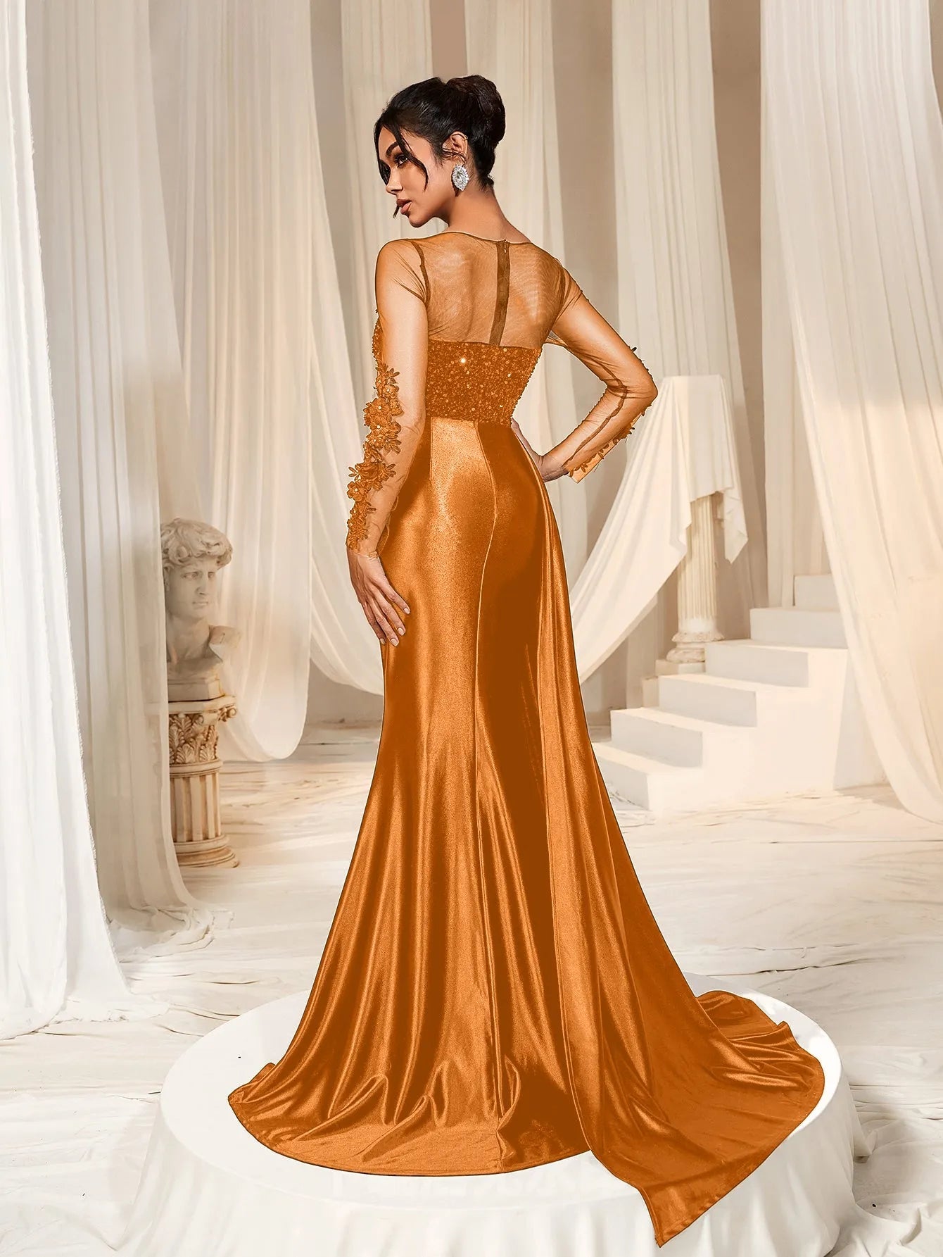 Elegant Sequin Bodice Sheer Sleeves Mermaid Hem Satin Evening Dress