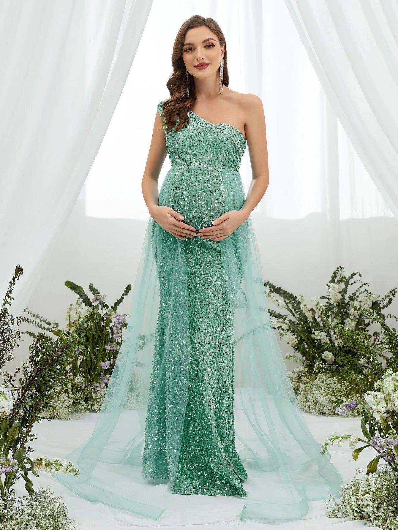 Maternity One Shoulder Mesh Overlay Sequin Party Dress