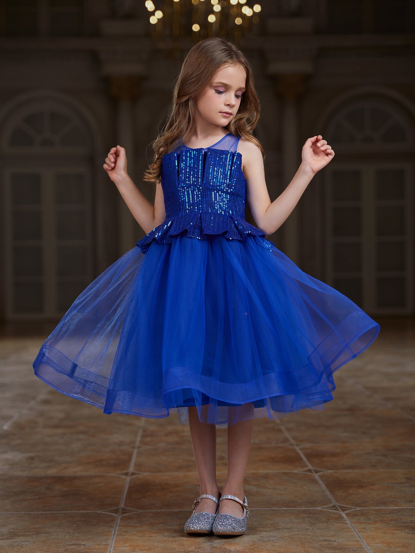 Girl's Contrast Pleated Sequin Mesh Hem Party Dress