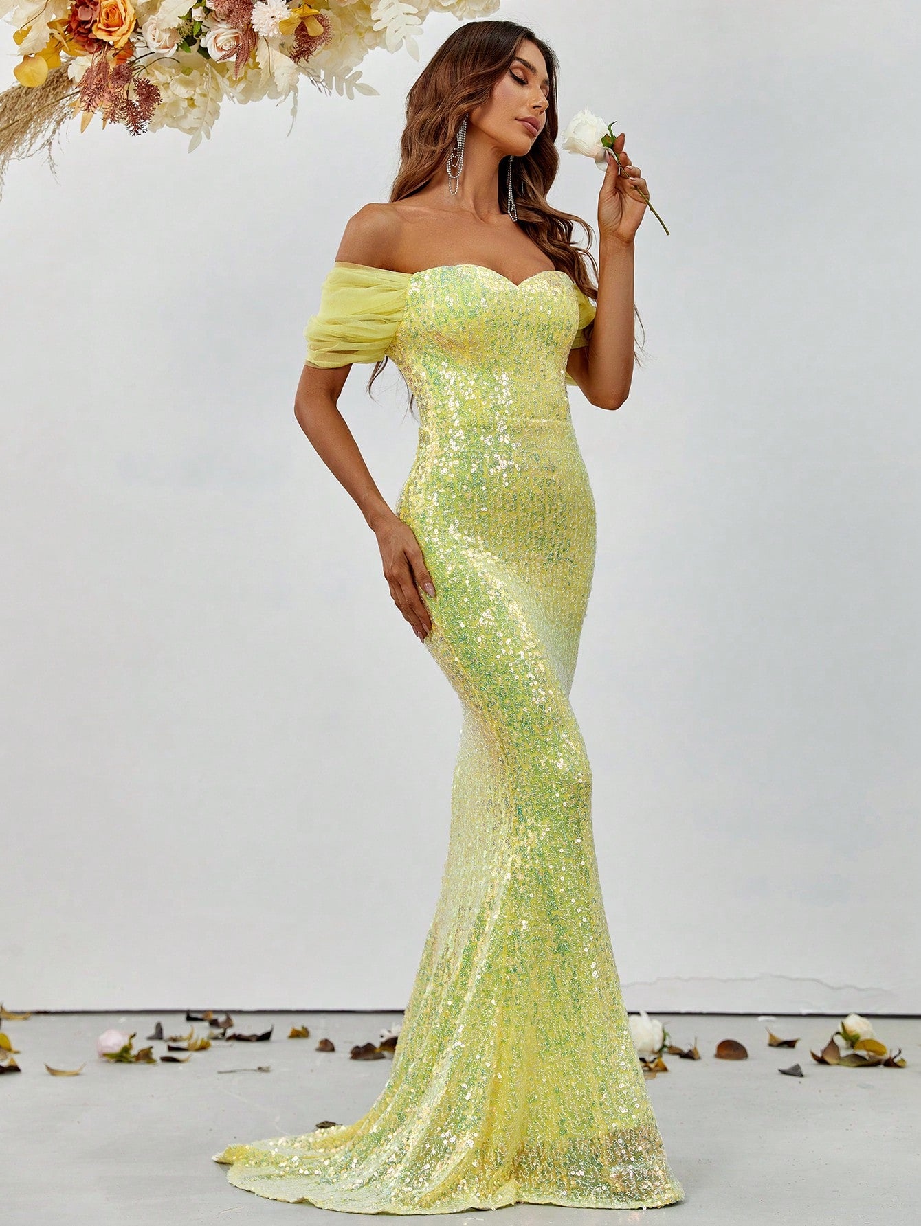 Off Shoulder Sweetheart Neckline Sequin Mermaid Dresses