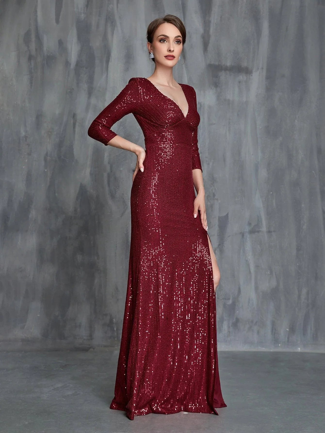 Womens' Plunging Neck Split Sequin Formal Dress