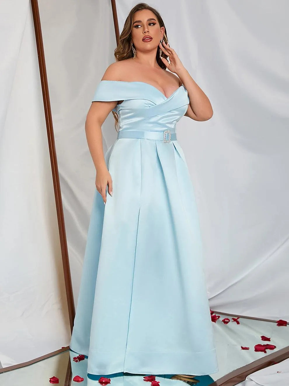 Plus Off Shoulder Buckle Belted Satin Ball Gown