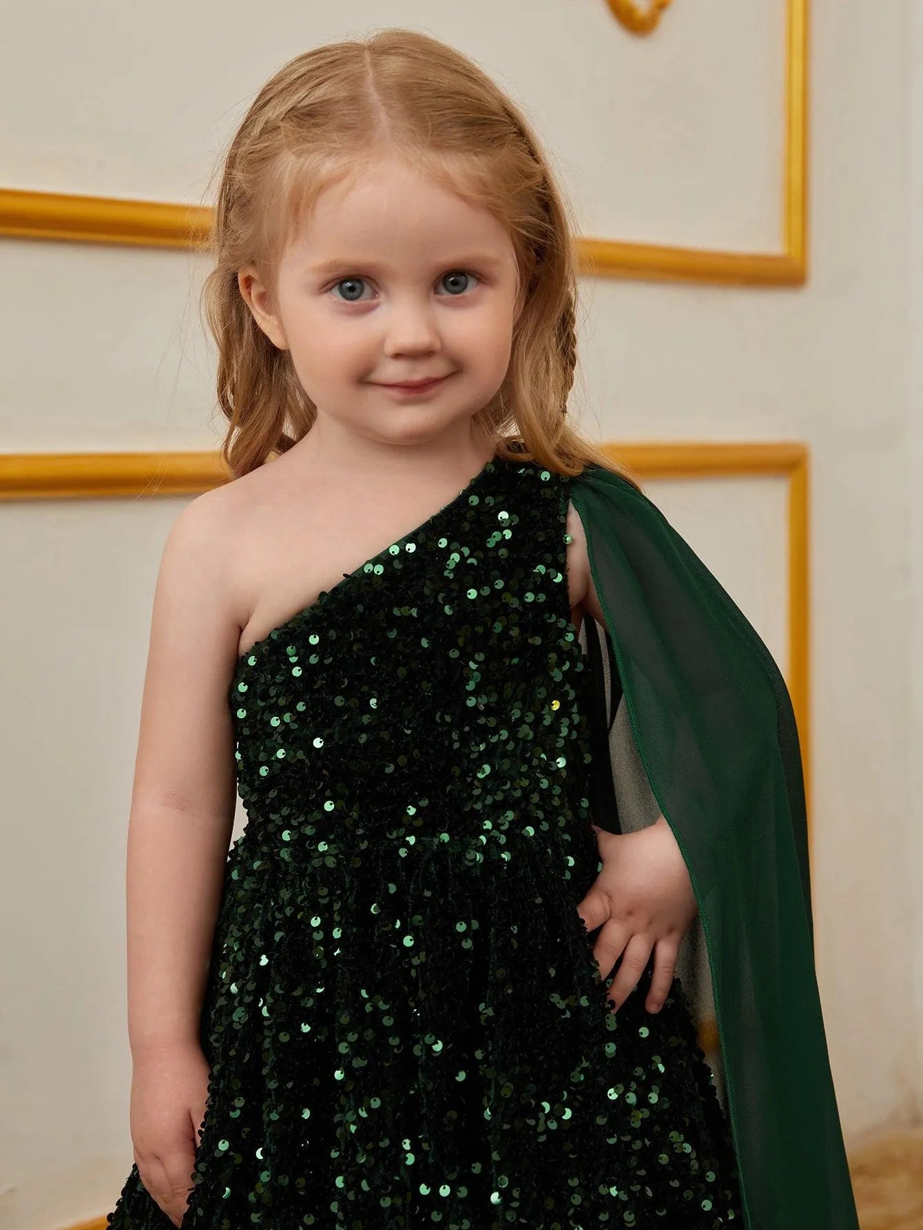 Young Girls' One Shoulder Draped Side Sequin A Line Dress