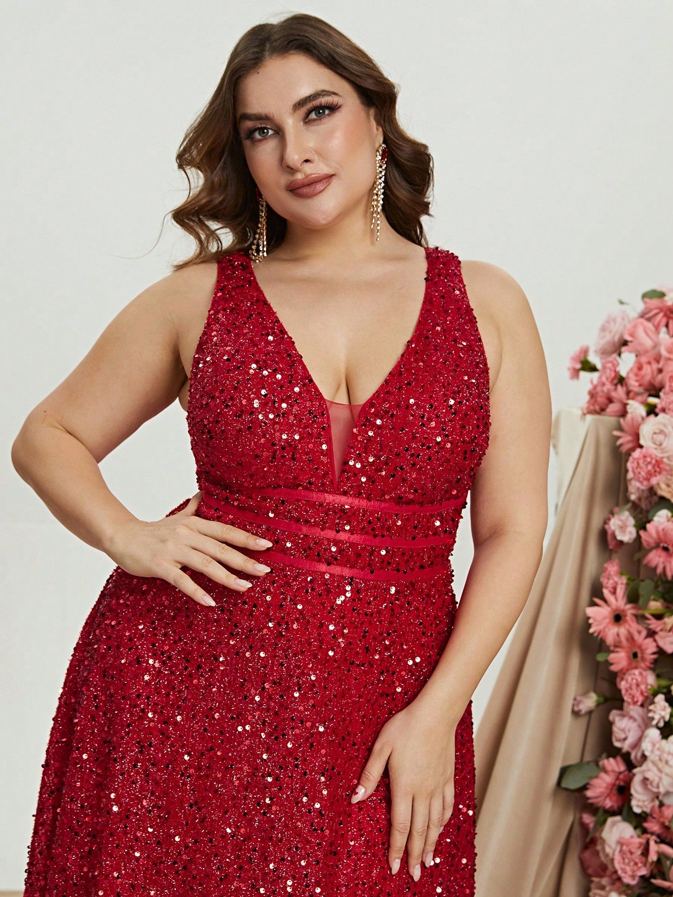 Plus Corset Deep V Neck Sequin A Line Dresses