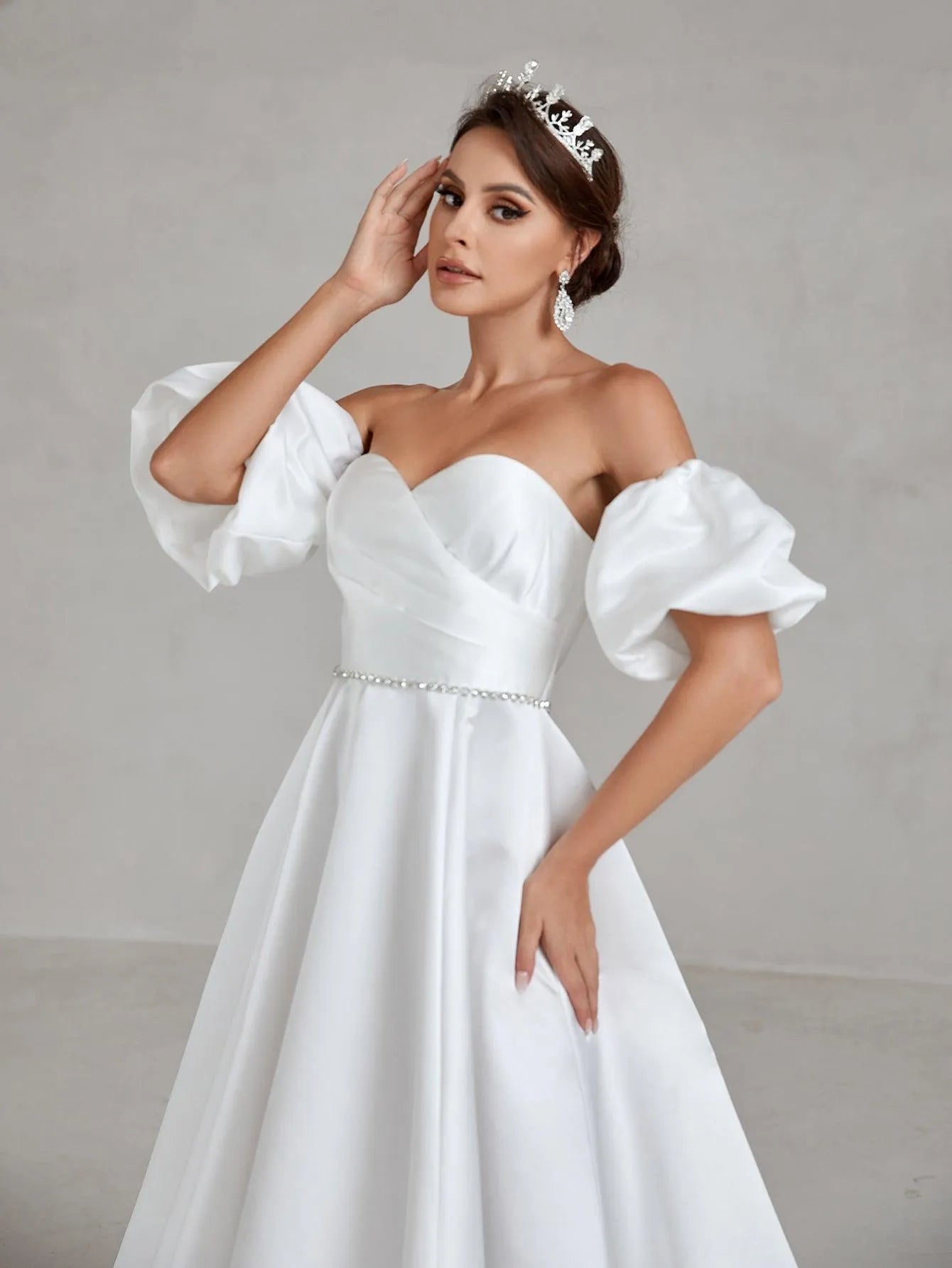 Puff Sleeve Rhinestone Waistband Satin Tube Wedding Dress