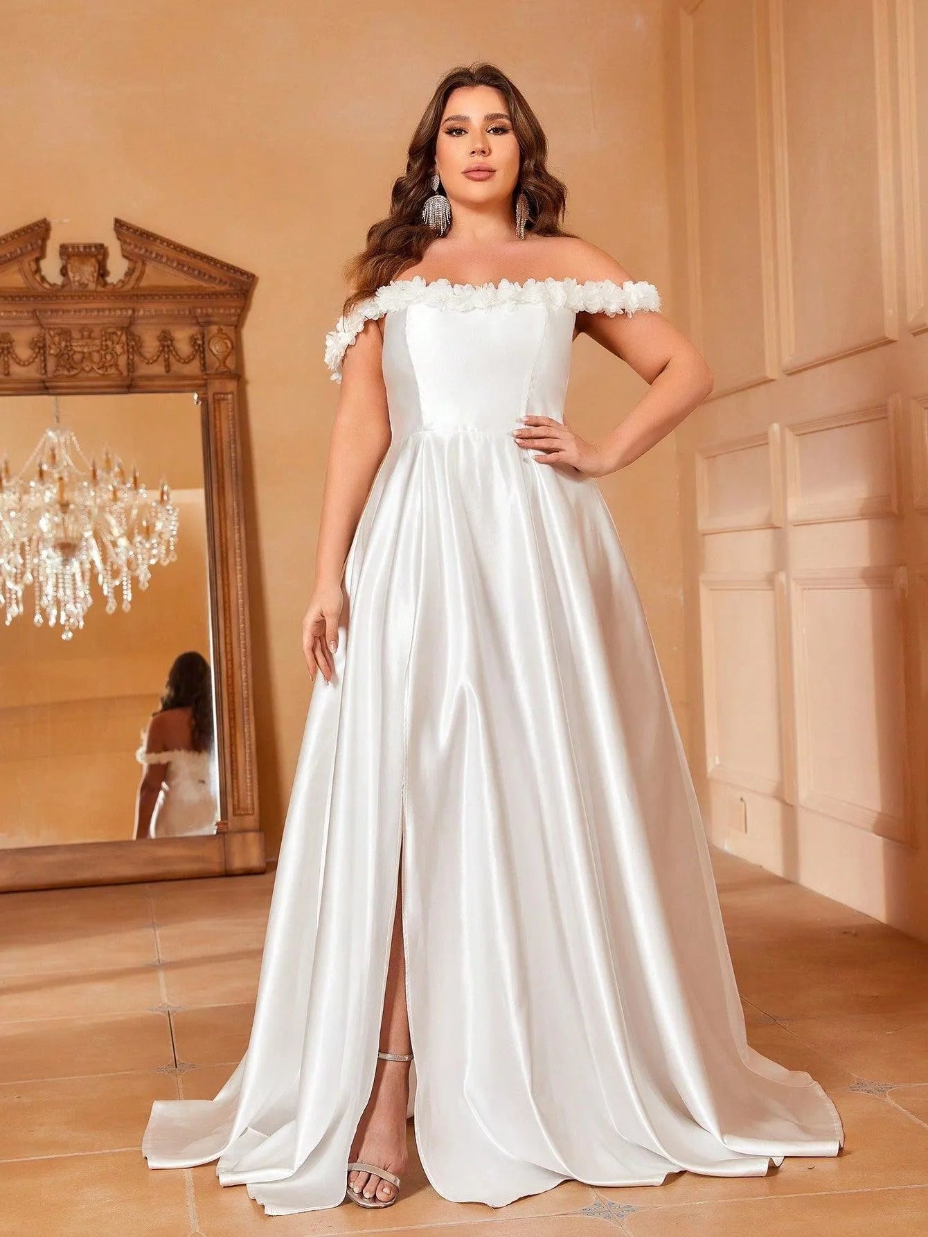 Plus Off Shoulder Floral Applique Satin Wedding Dress