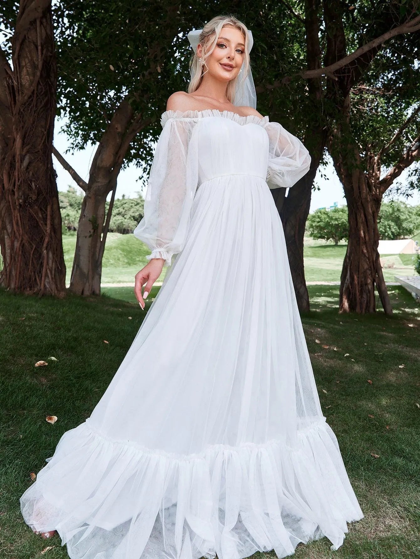 Off Shoulder Lantern Sleeve Mesh Wedding Dress