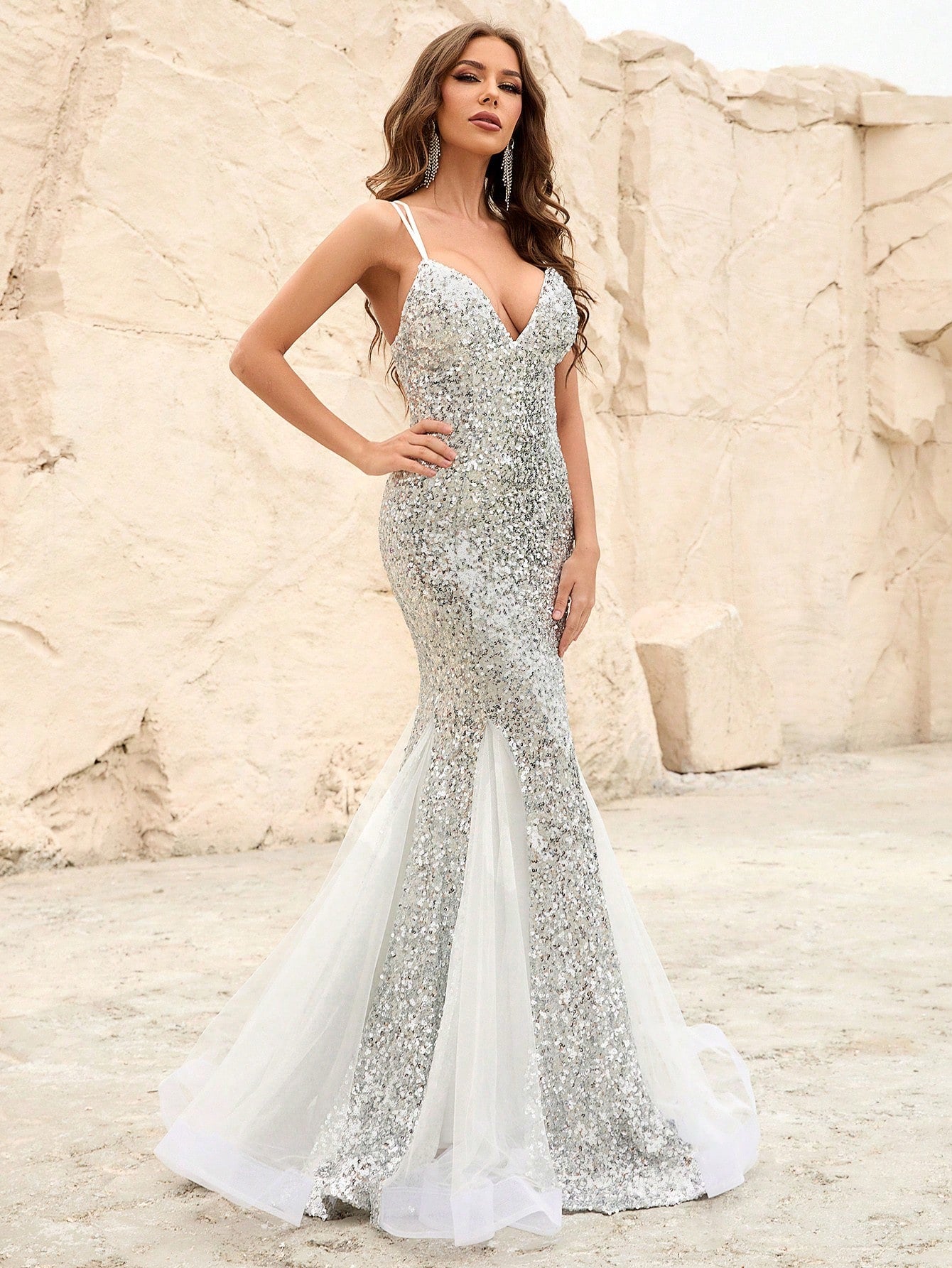 Back Lace Up Mesh Insert Sequin Mermaid Dresses