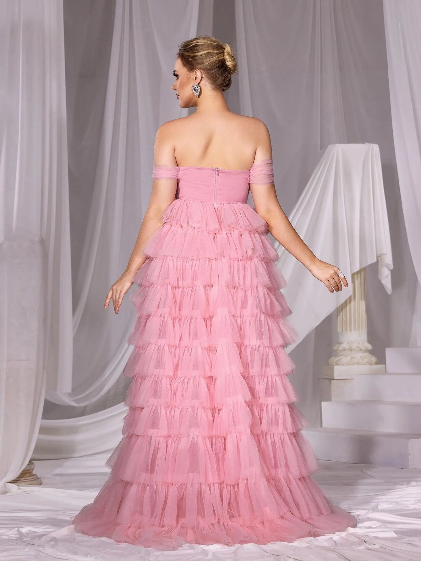 Off Shoulder Mesh Layered Hem Cake Prom Dress